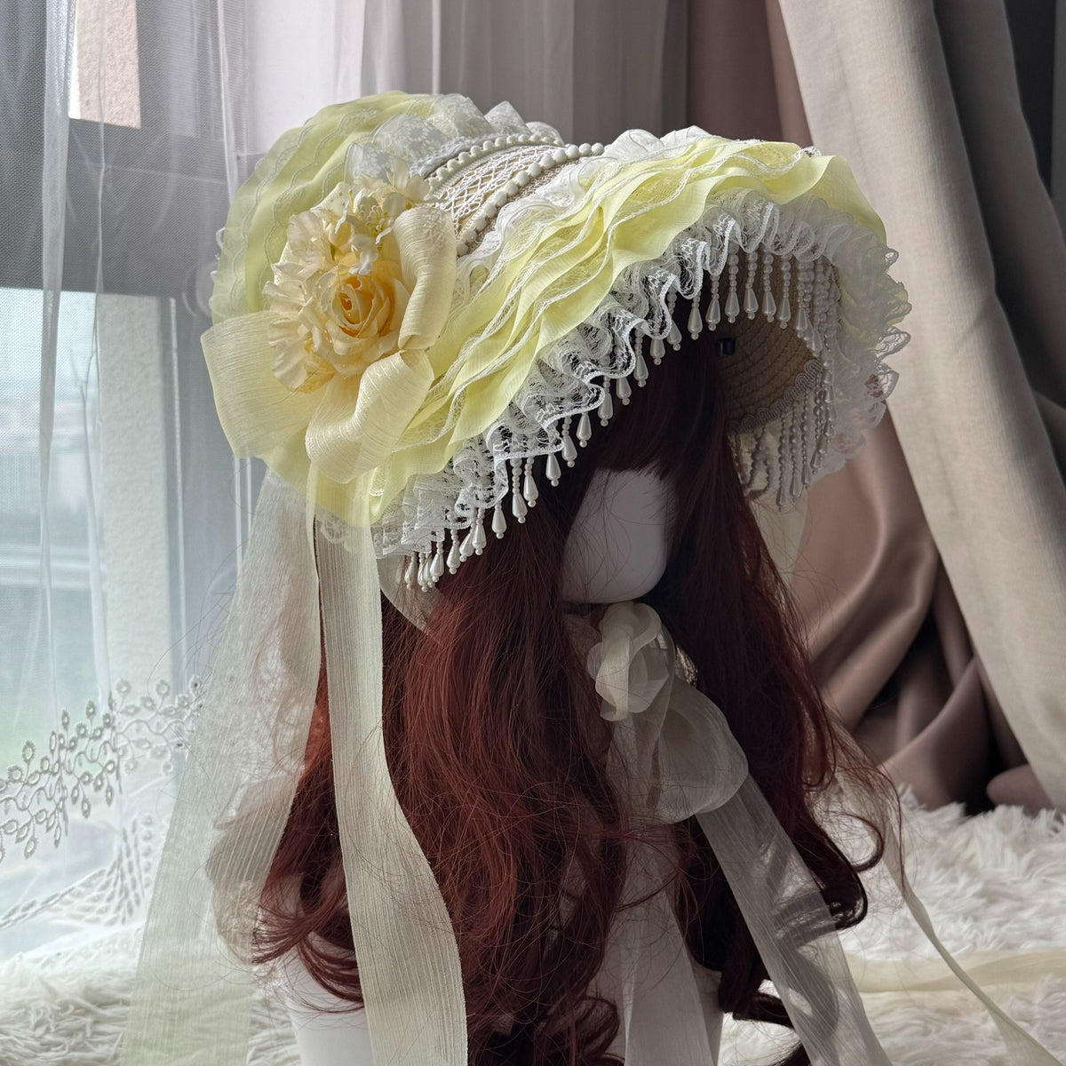 Handmade Straw Bonnet with Pearl Fringe