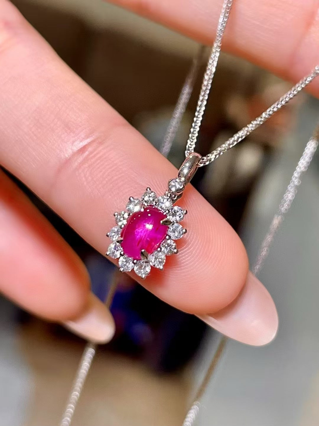 18k Gold Star Ruby Pendant with Diamond Halo