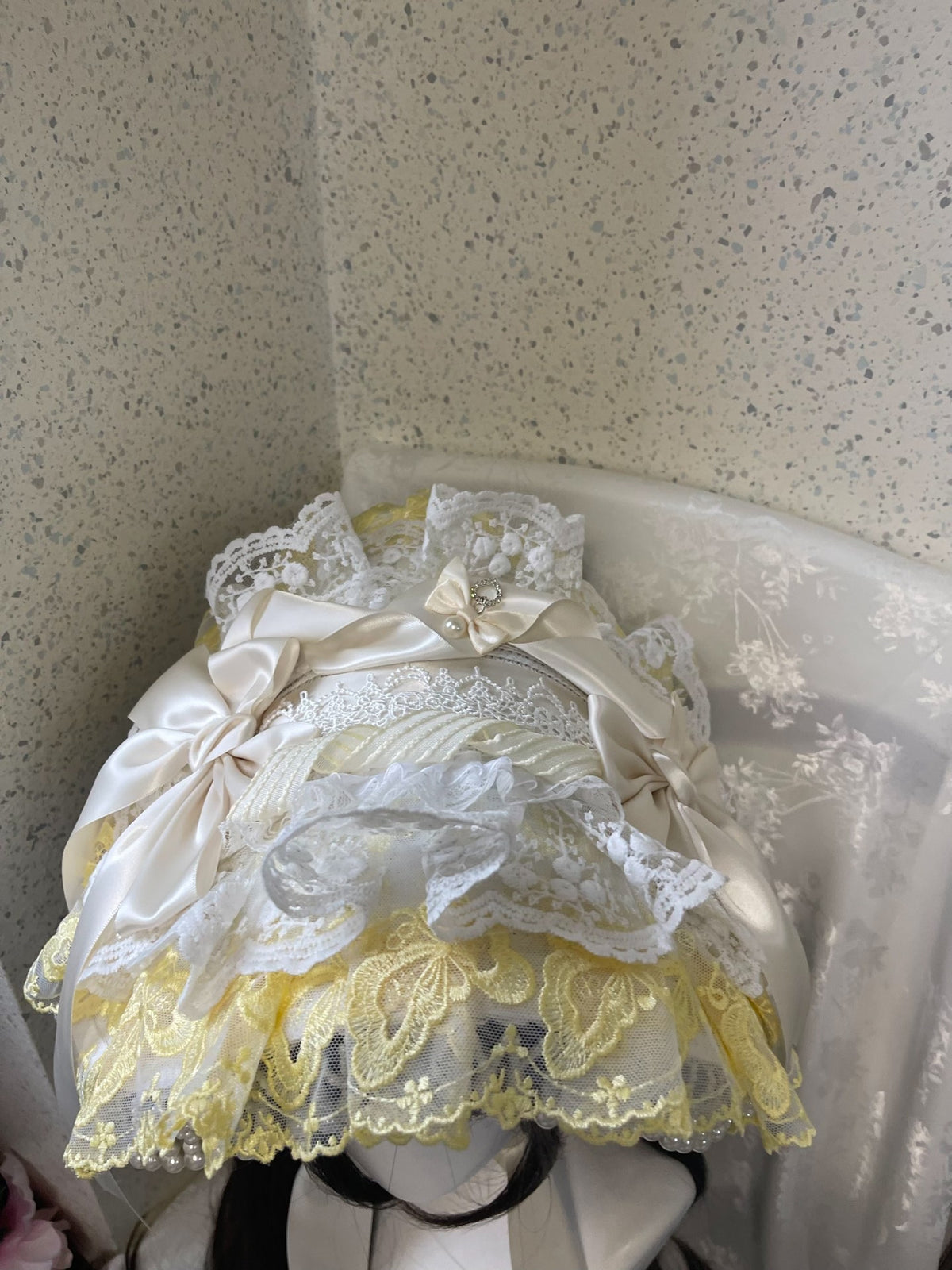 Lolita Bonnet Yellow White Lace Bows