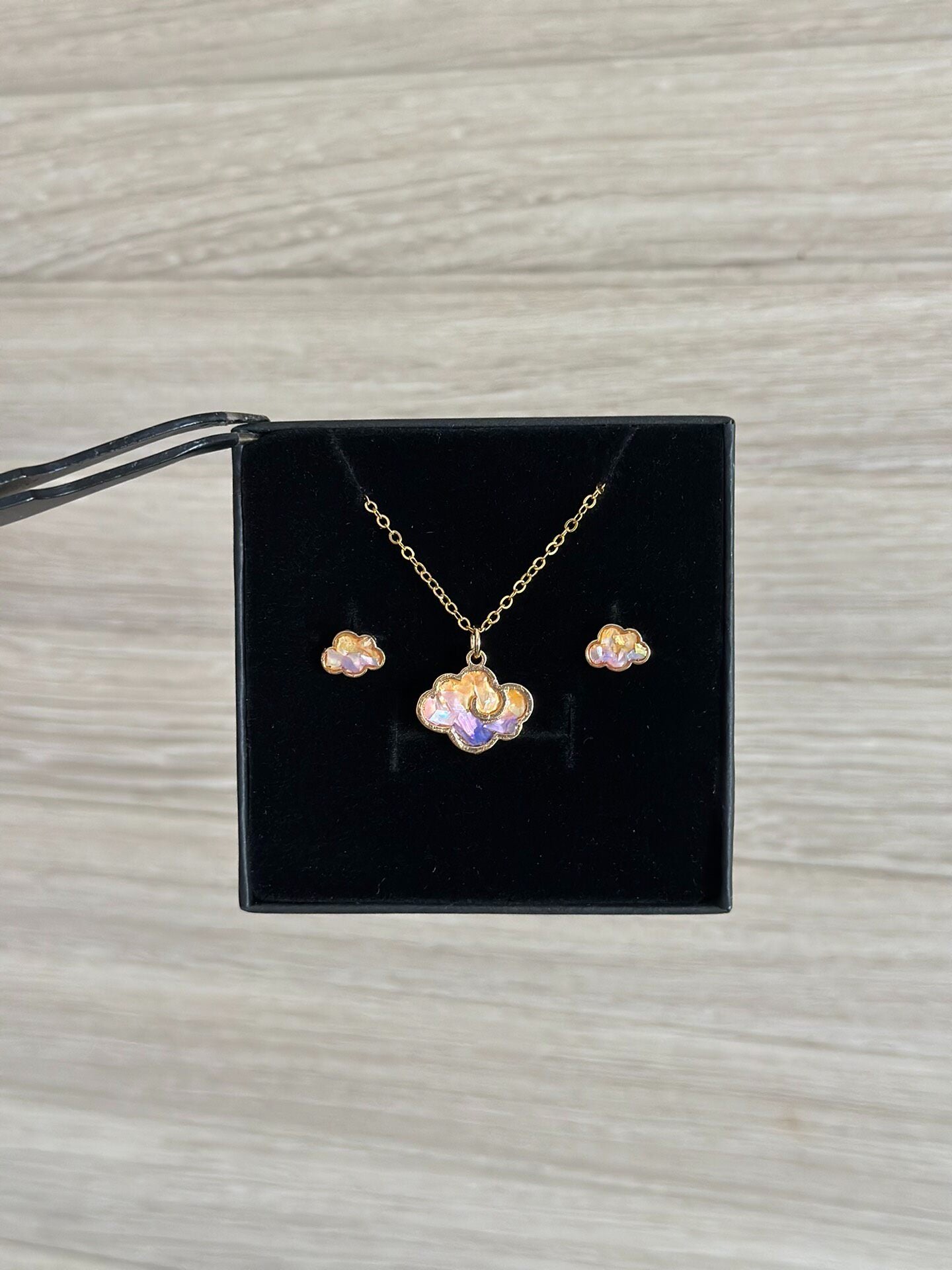Gold-Plated Copper Cloud Motif Necklace & Earring Set with Iridescent Accents