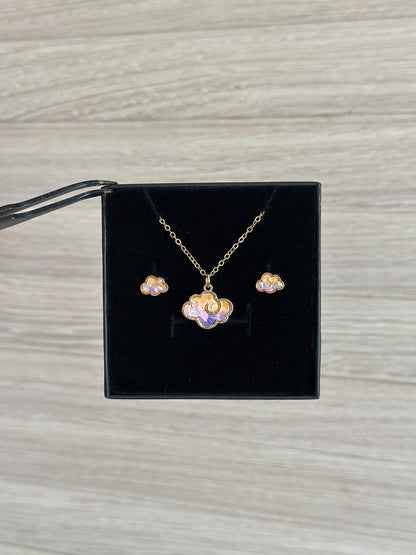 Gold-Plated Copper Cloud Motif Necklace & Earring Set with Iridescent Accents