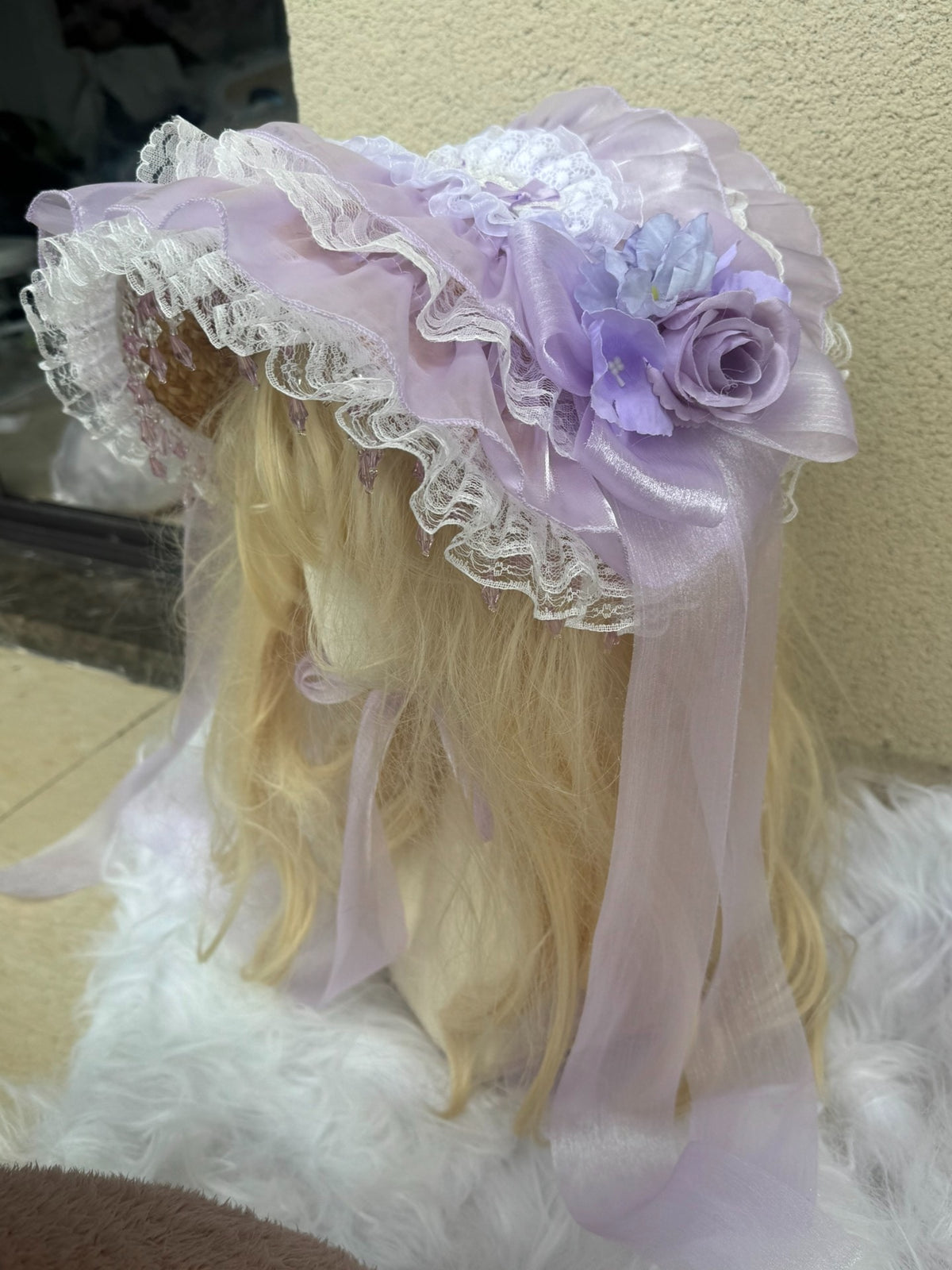 Handmade Lavender Lace Bonnet Straw Hat