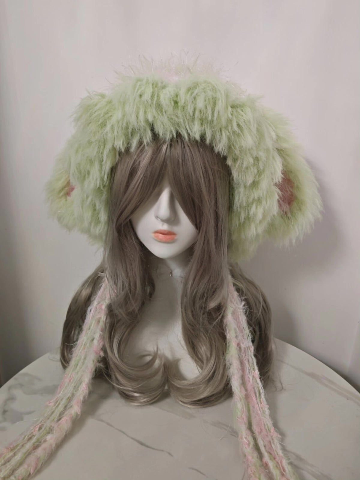 Furry Floppy Ear Bunny Hat Pink Green
