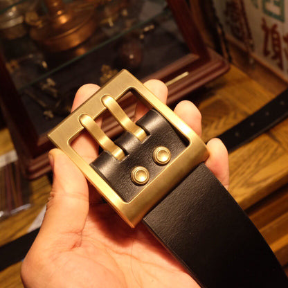 45mm Black Leather Belt with Brass Buckle and Engraved Number
