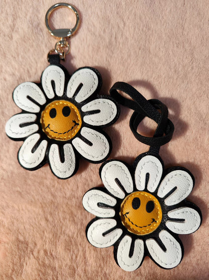 Leather Sunflower Smiley Face Keychain with Metal Ring