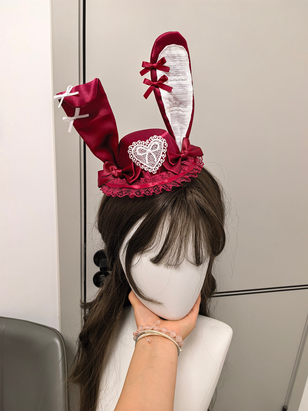 Wine Red Satin Rabbit Ear Fascinator Hat