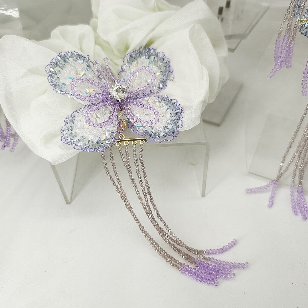 Purple Crystal Butterfly Hair Clip Beaded Tassel