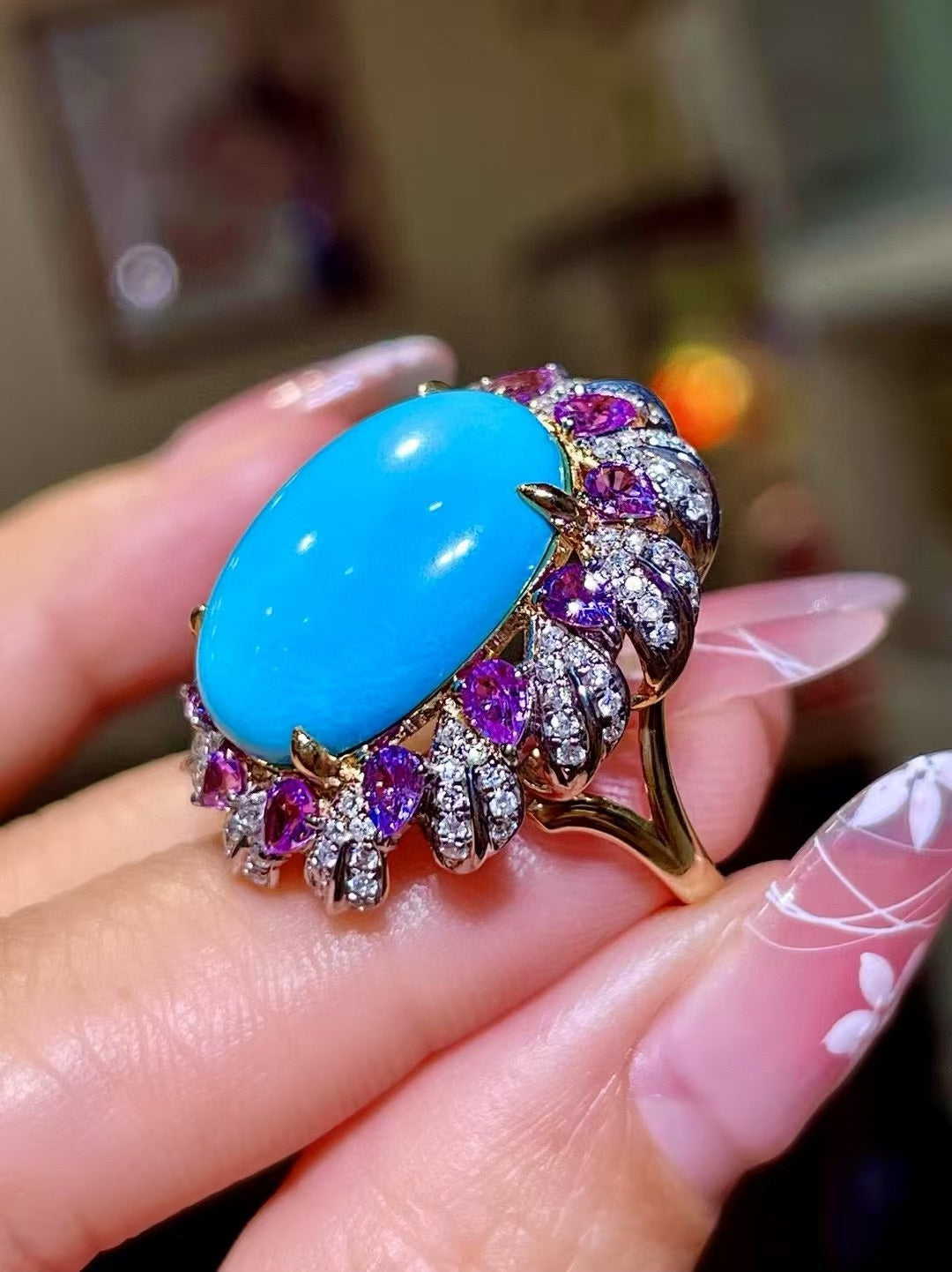 18K Gold Sleeping Beauty Turquoise Ring with Purple Sapphire and Diamond Halo