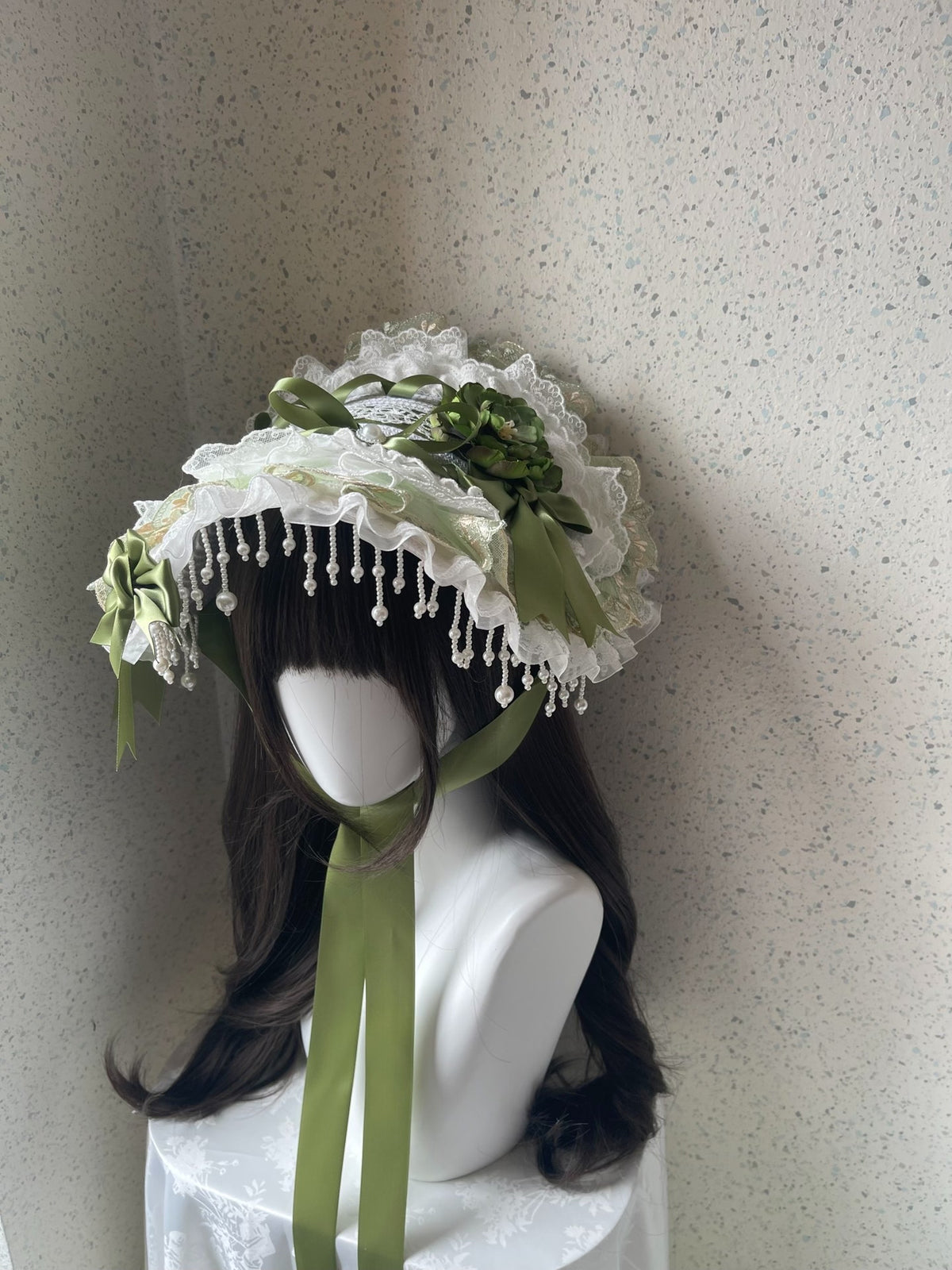 Lolita Green White Lace Flat Hat Handmade