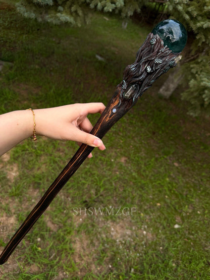 Blue-Green Fluorite Sphere Scepter with Wood Handle, 65cm