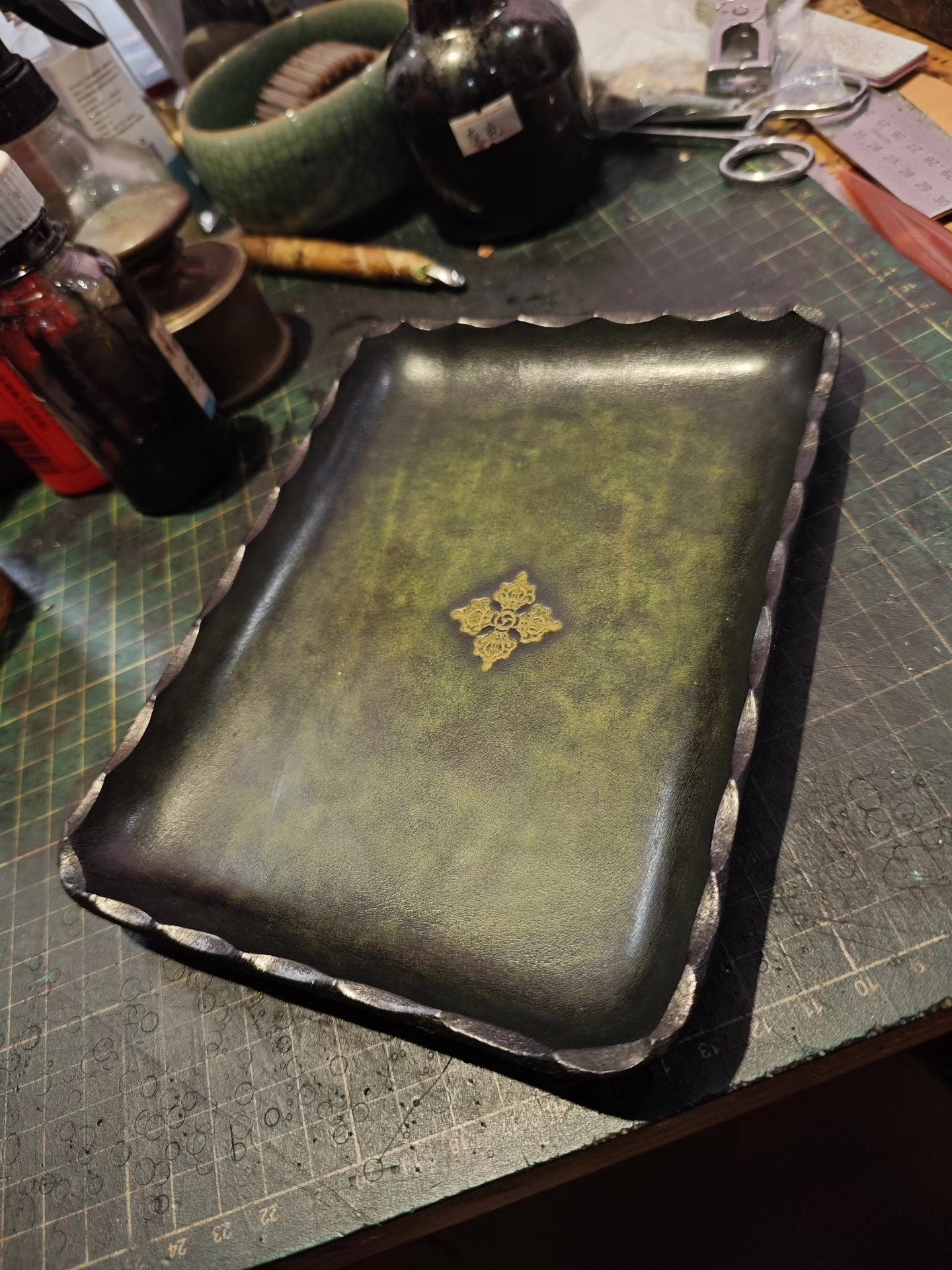 Antique Green Leather Rectangular Tray with Gold Carved Center and Scalloped Edges