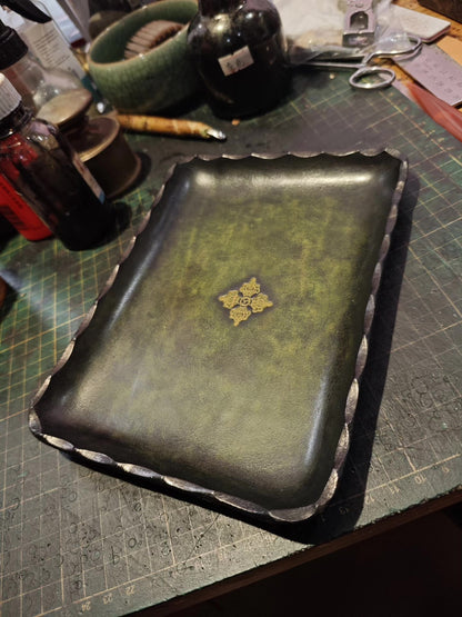 Antique Green Leather Rectangular Tray with Gold Carved Center and Scalloped Edges