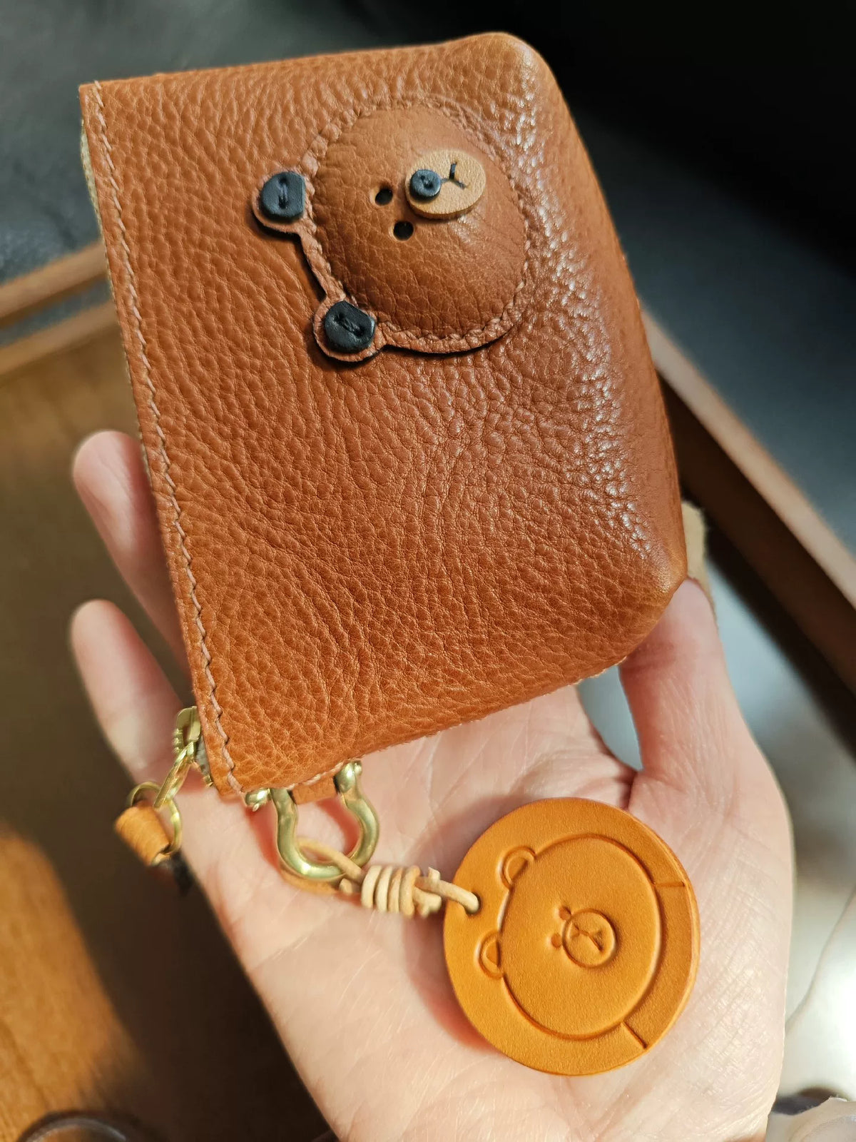 Brown Leather Bear Face Coin Purse