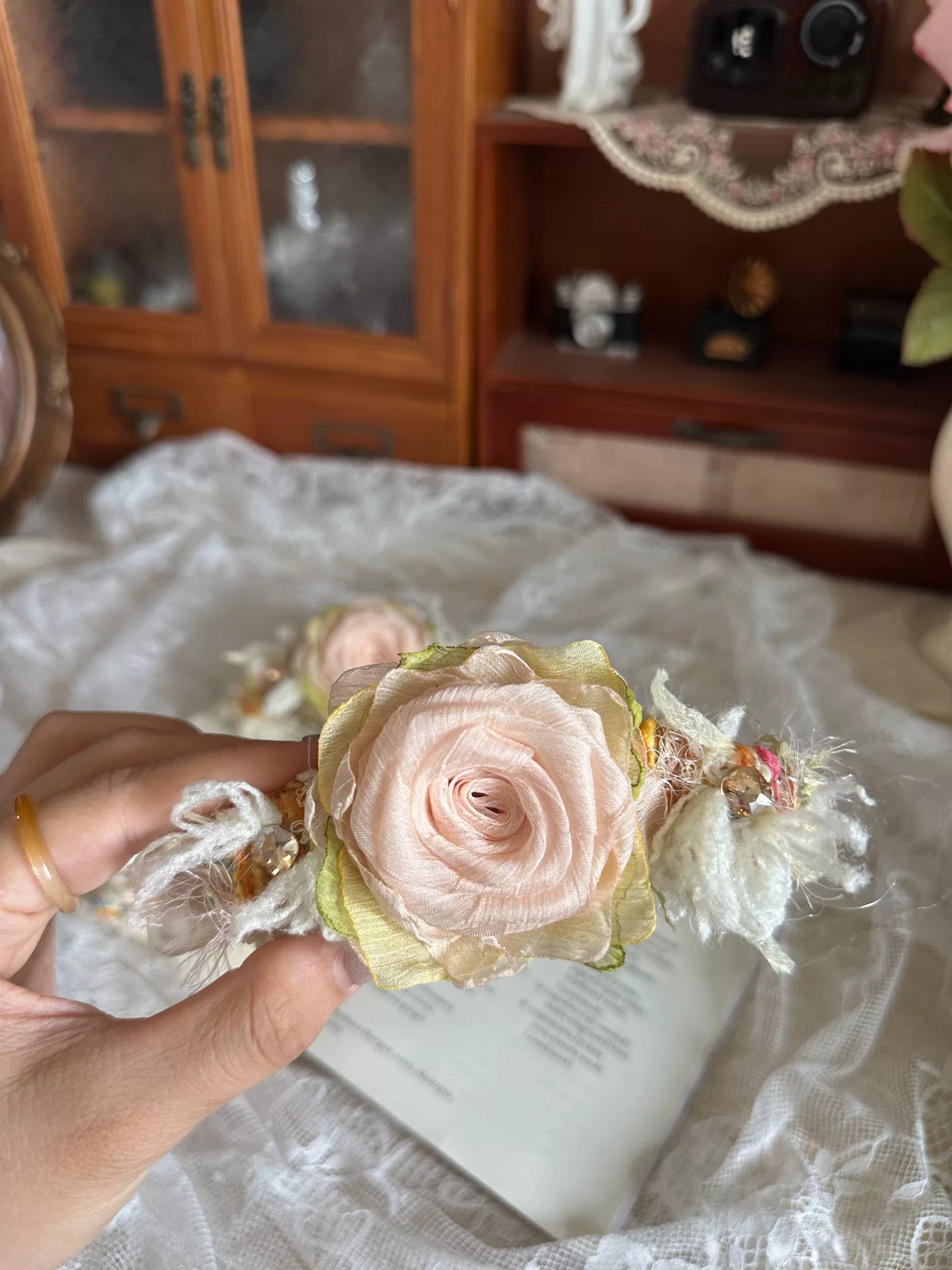 Handmade Fabric Rose Double Sided Banana Clip