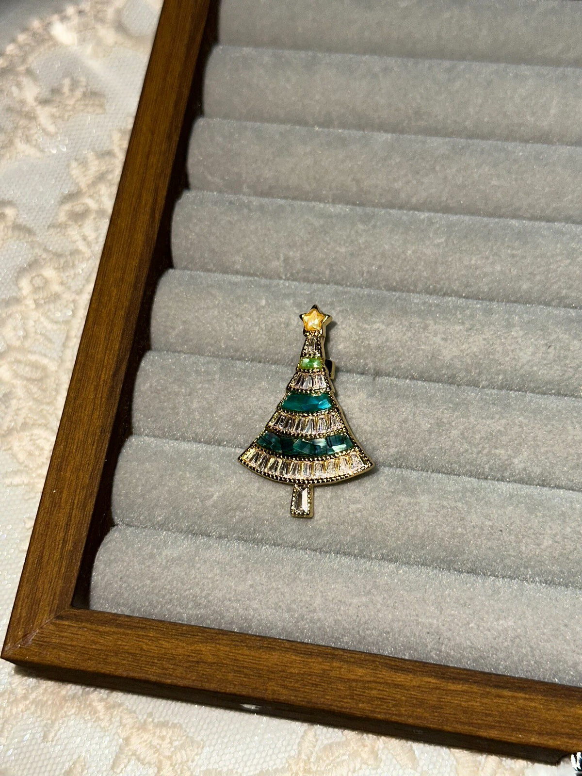 Spiral Christmas Tree Brooch Pendant with Green Stones