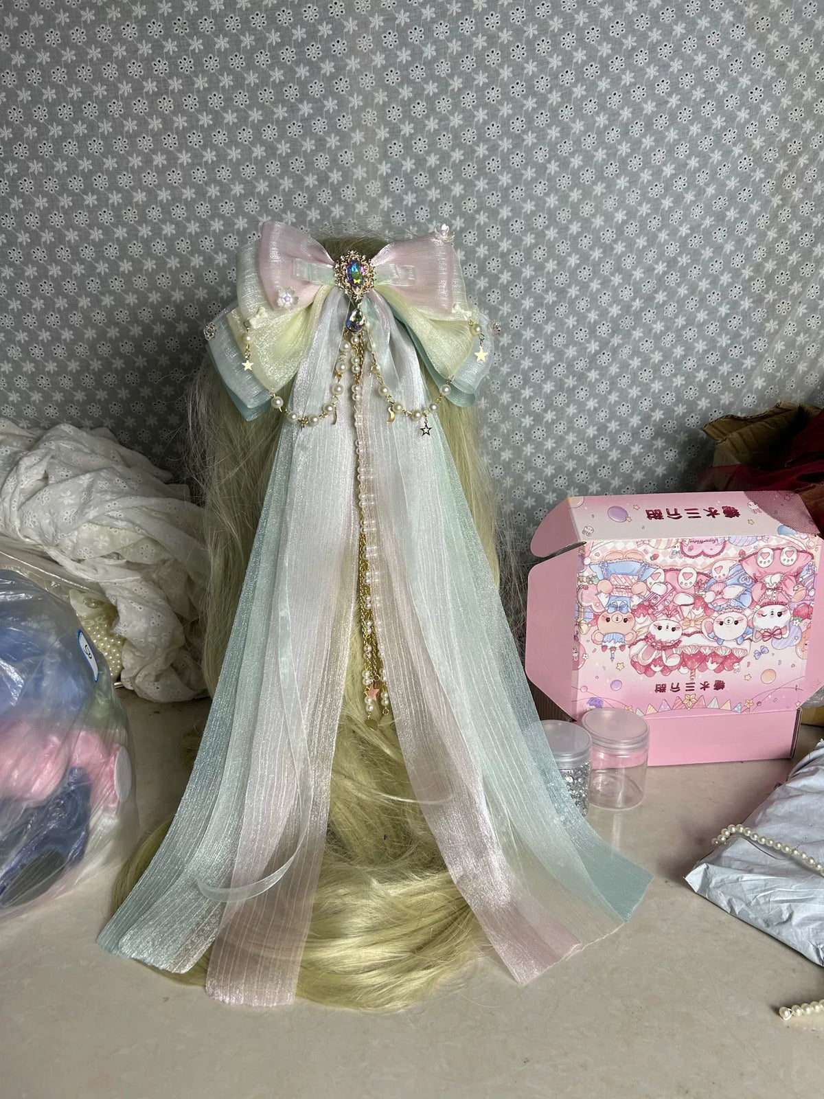 Laço de Cabelo em Camadas Pastel Rosa e Verde