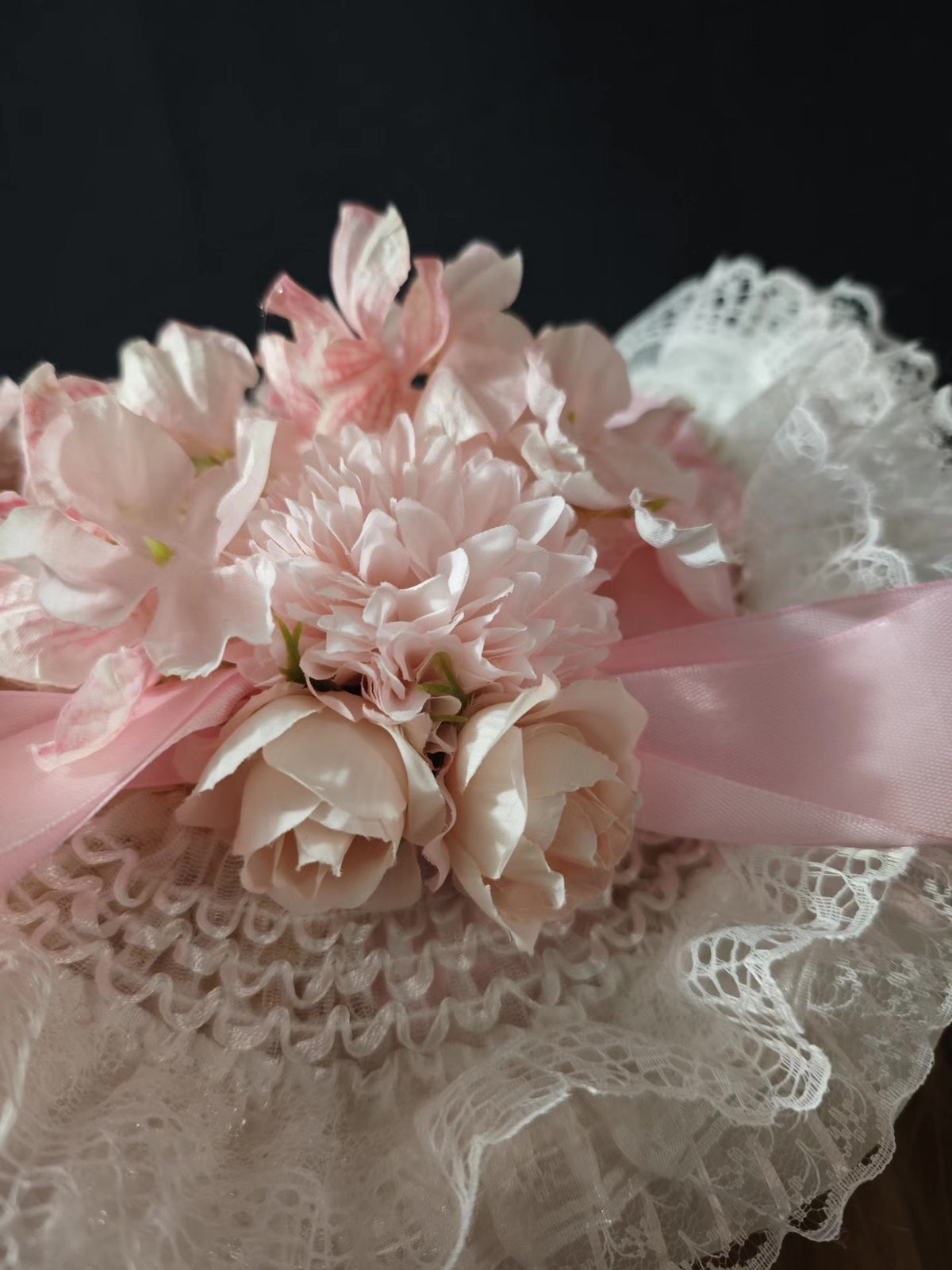 Pink Lolita Bonnet with Floral Lace Trim