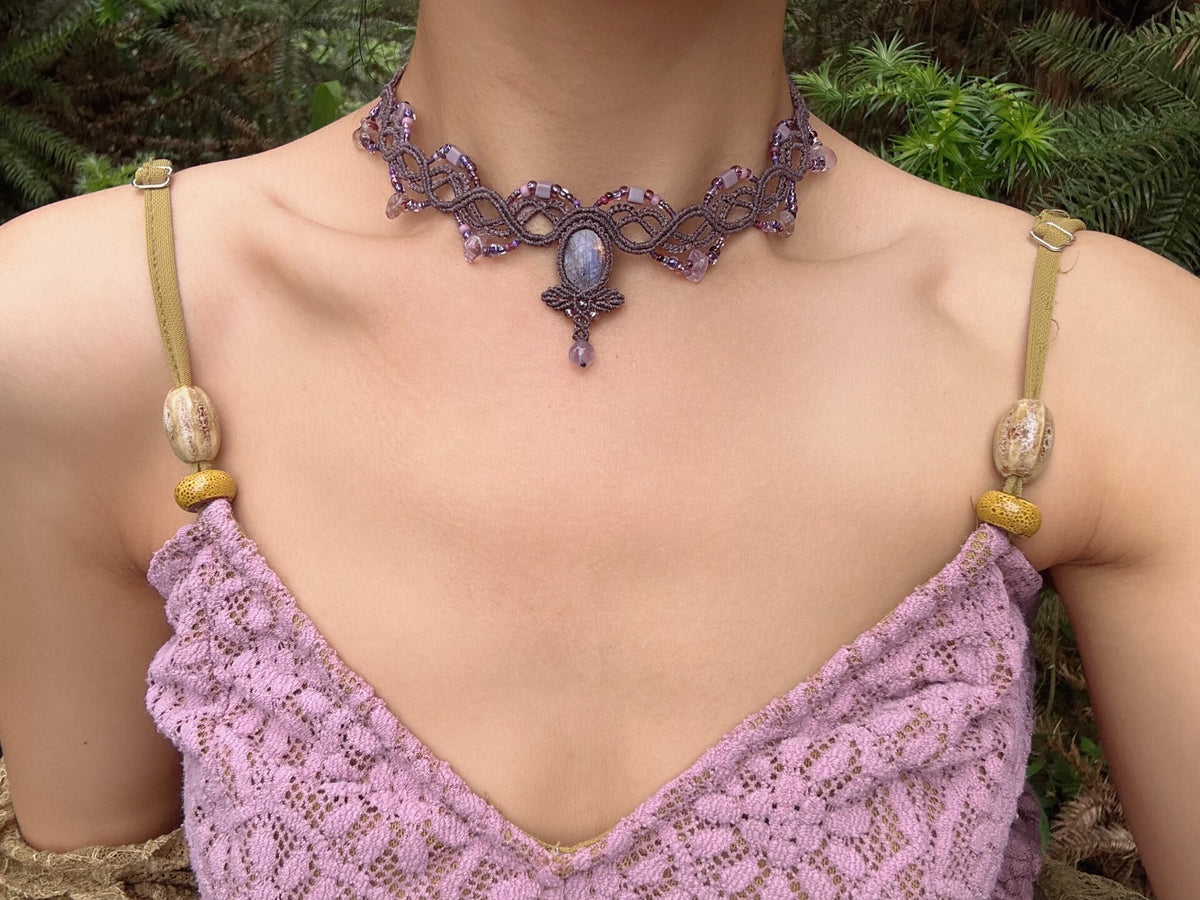 Grey Purple Macrame Labradorite Choker Necklace