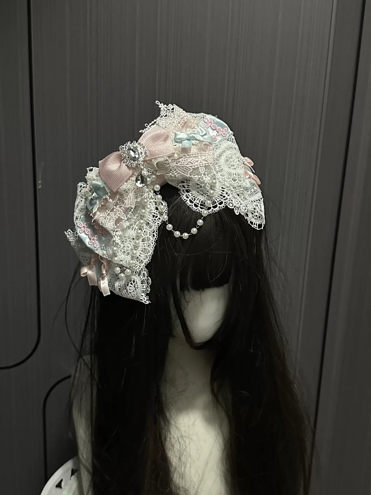 Accessorio fiocco Lolita con velo in tulle azzurro