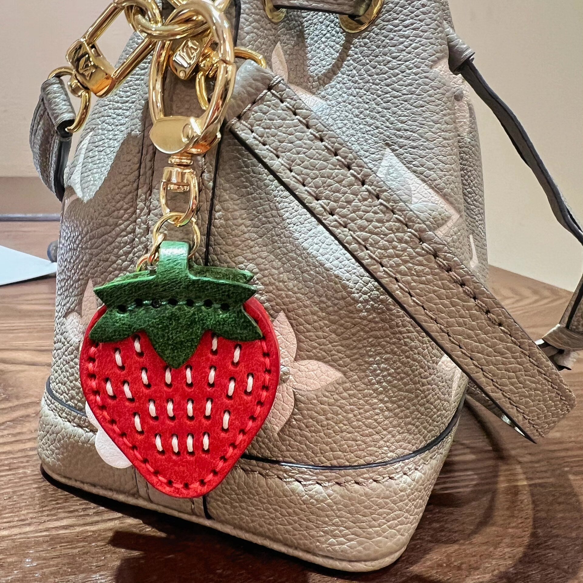 Handmade Strawberry Keychain with Vegetable-Tanned Leather
