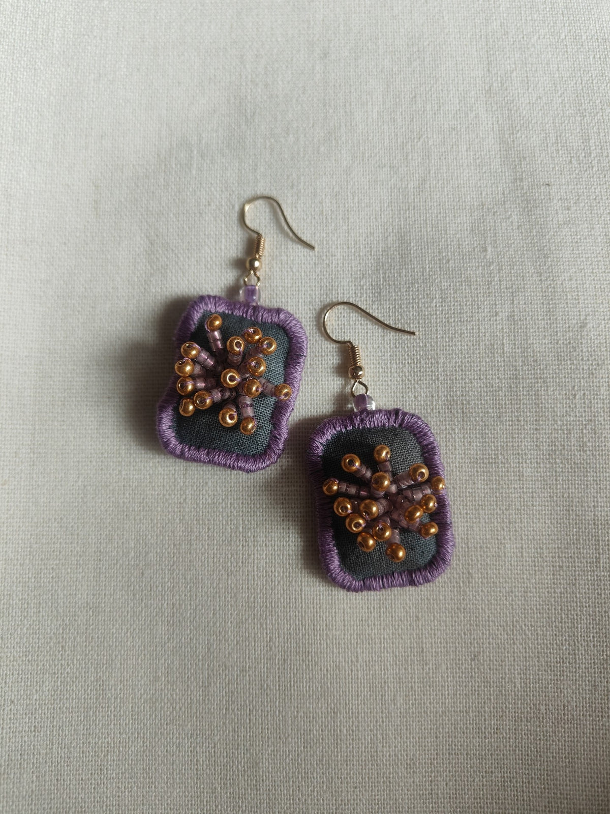 Handmade Fabric Earrings Purple Beaded