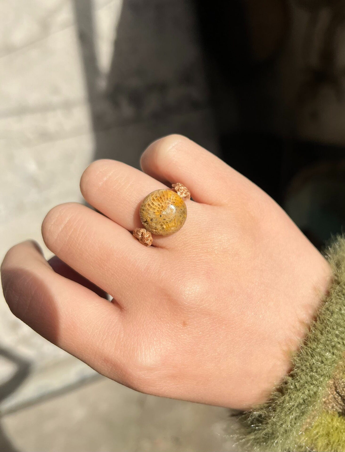 Coral Jade Bead Woven Cord Ring