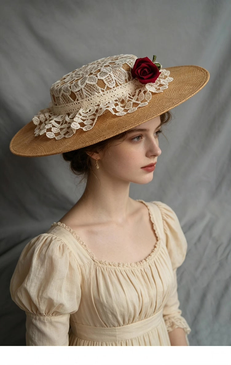 Vintage Flat Brim Lace Rose Hat