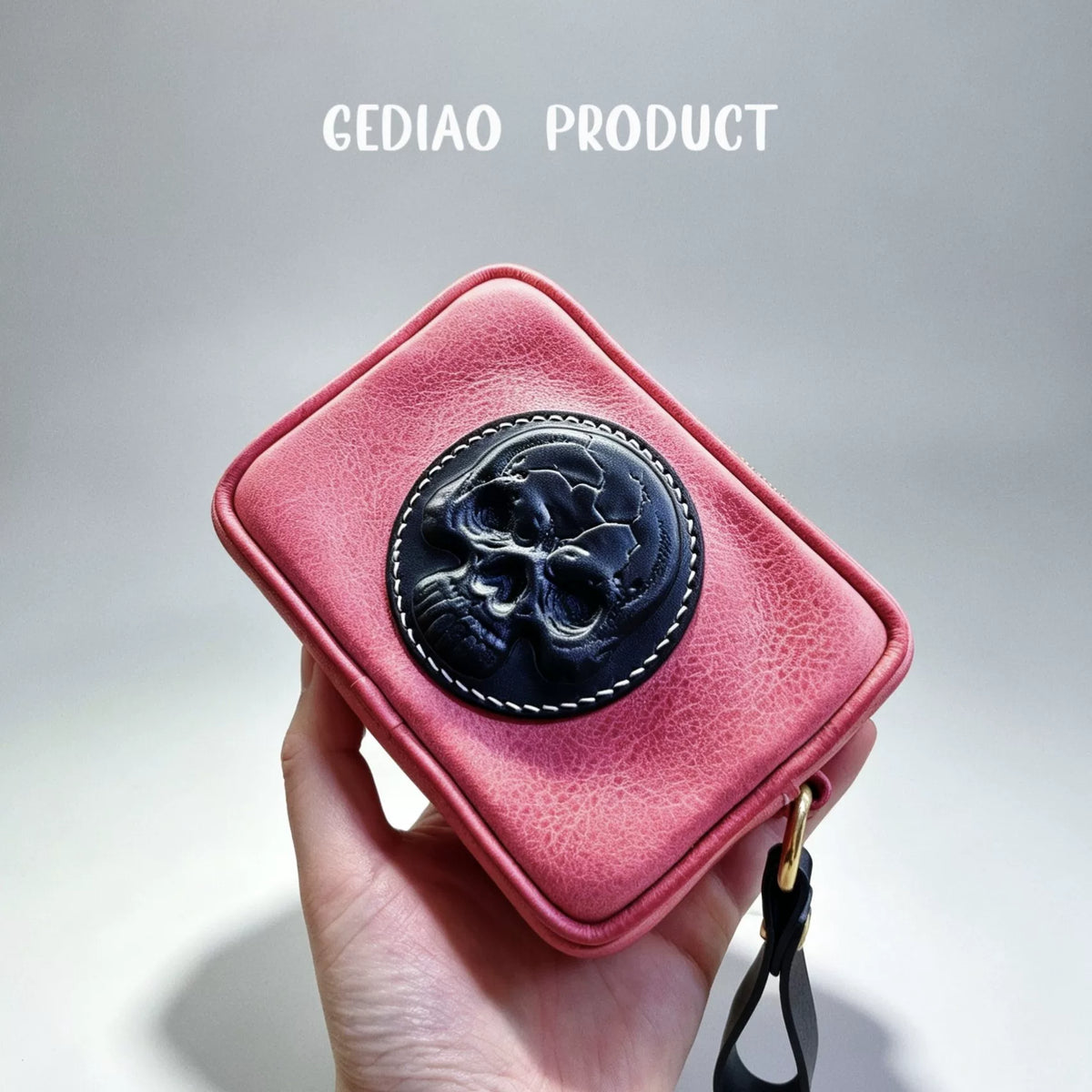 Pink Leather Zip Case with Skull Patch