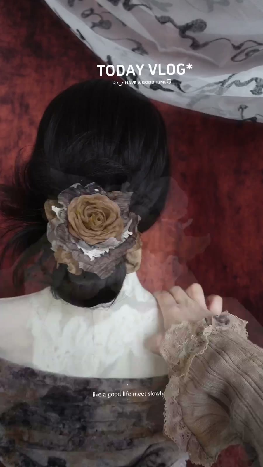 Fabric Scrunchie with Dried Rose Floral Embellishment
