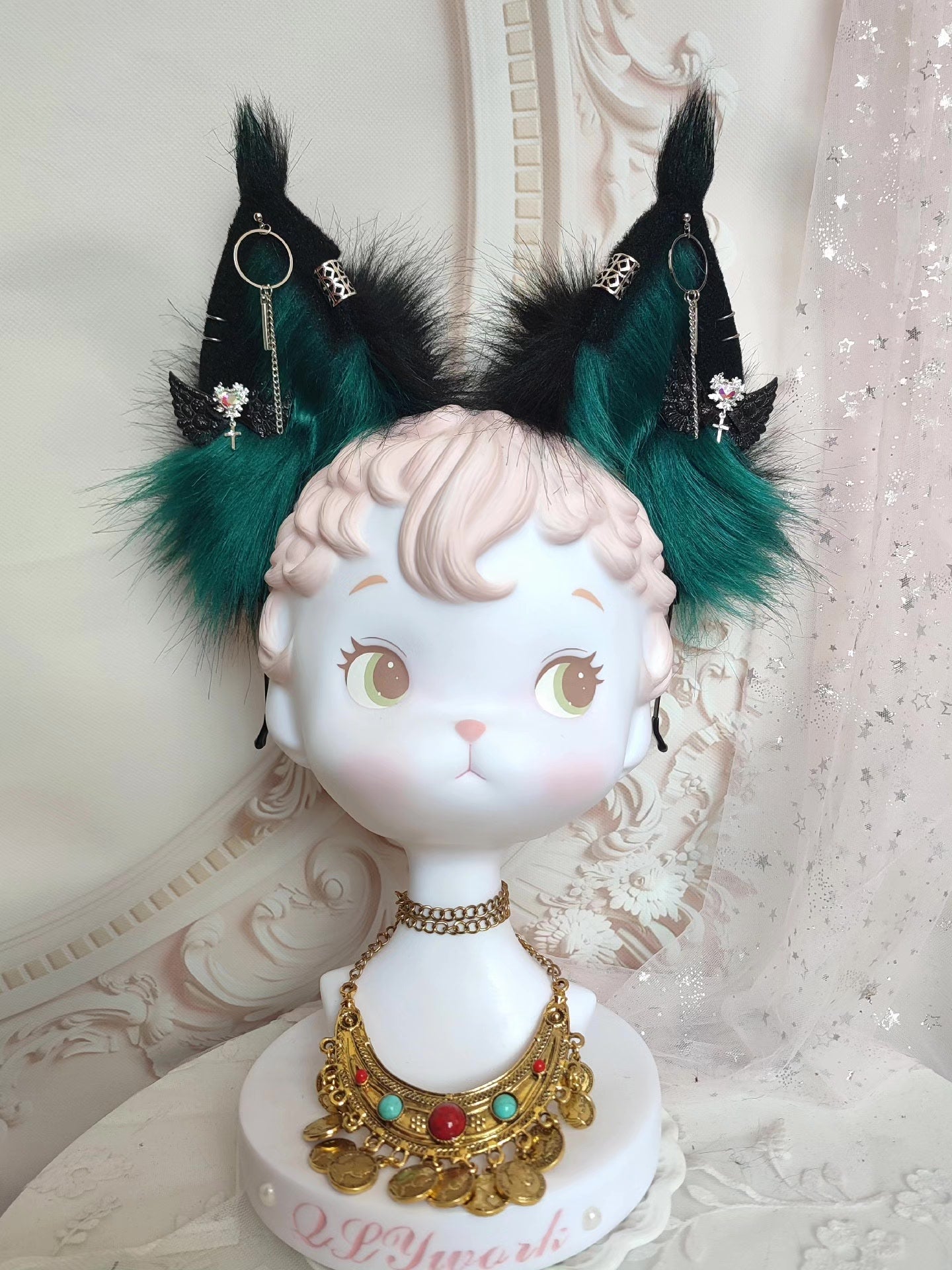 Lynx Beast Ears - Teal Green and Black Fur with Metallic Charms