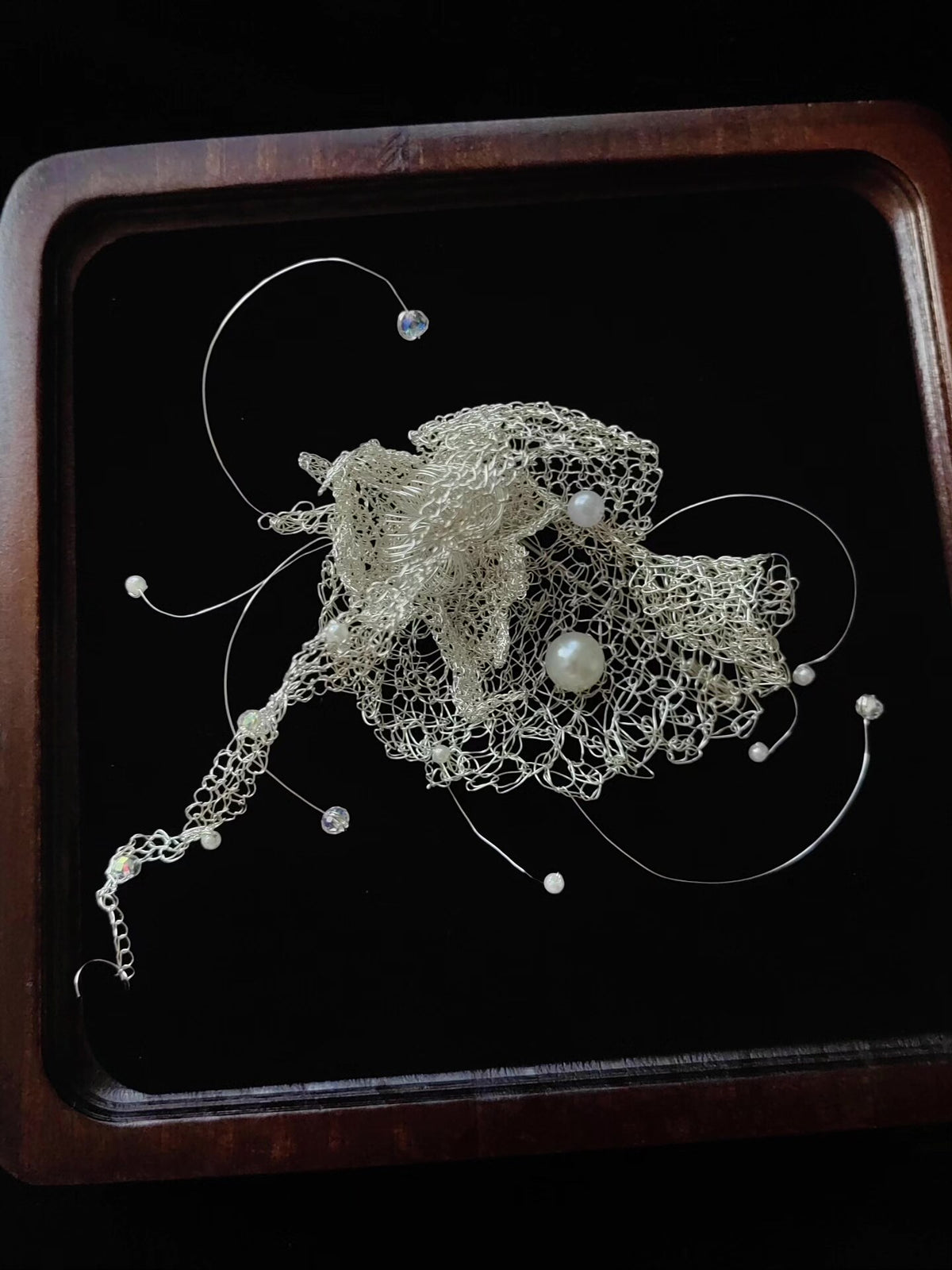 Handcrafted Silver Wire Crochet Pearl Brooch