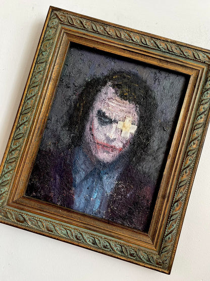 Hand-Painted Oil Portrait of Joker from Why So Serious, Impasto Texture, Framed 20x25 cm