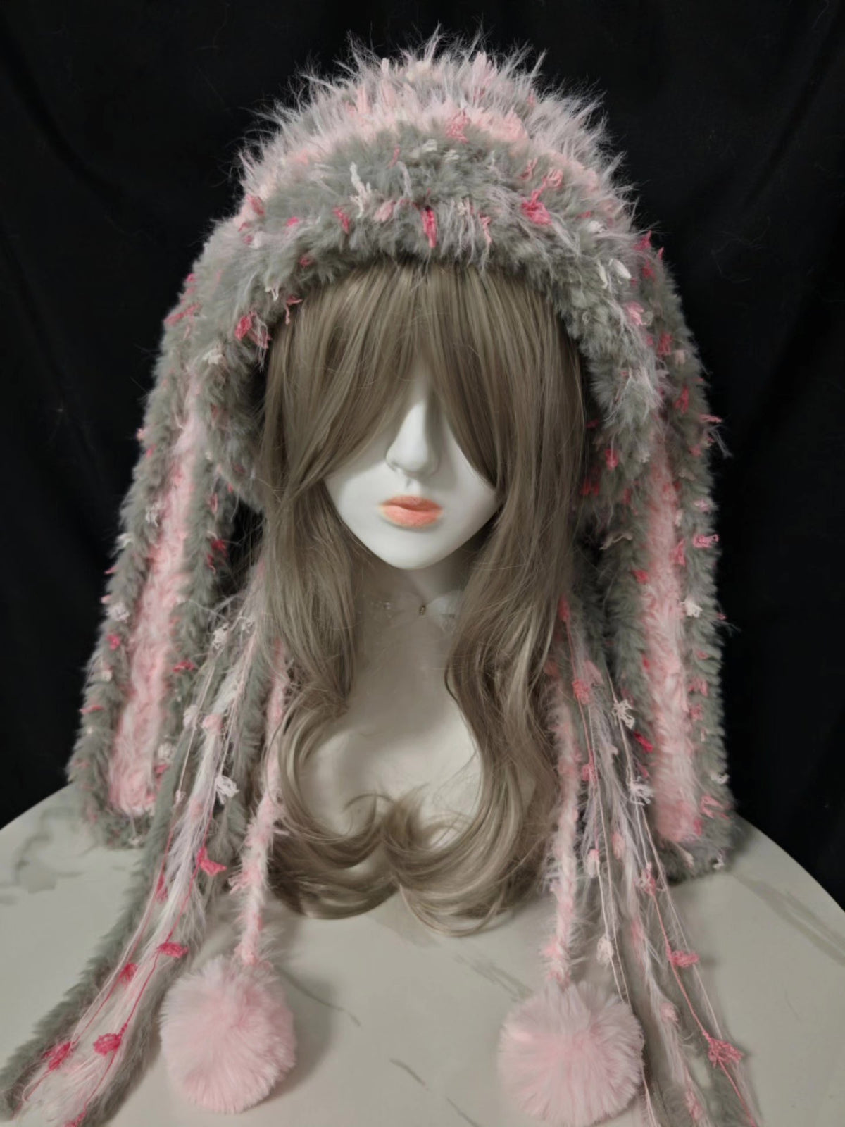 Long-Eared Rabbit Hat with Pink Pom-Poms