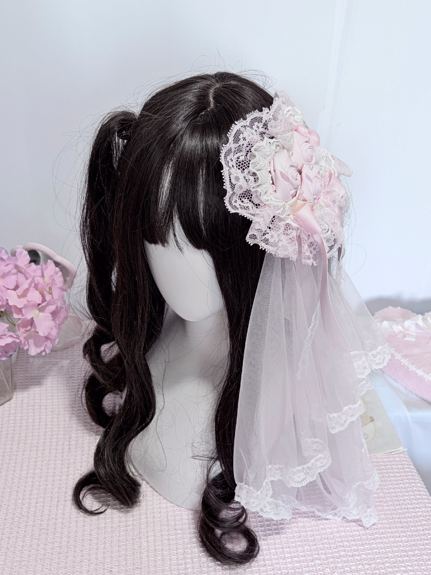 Pink Rose Heart Lace Hair Clip with Detachable Veil