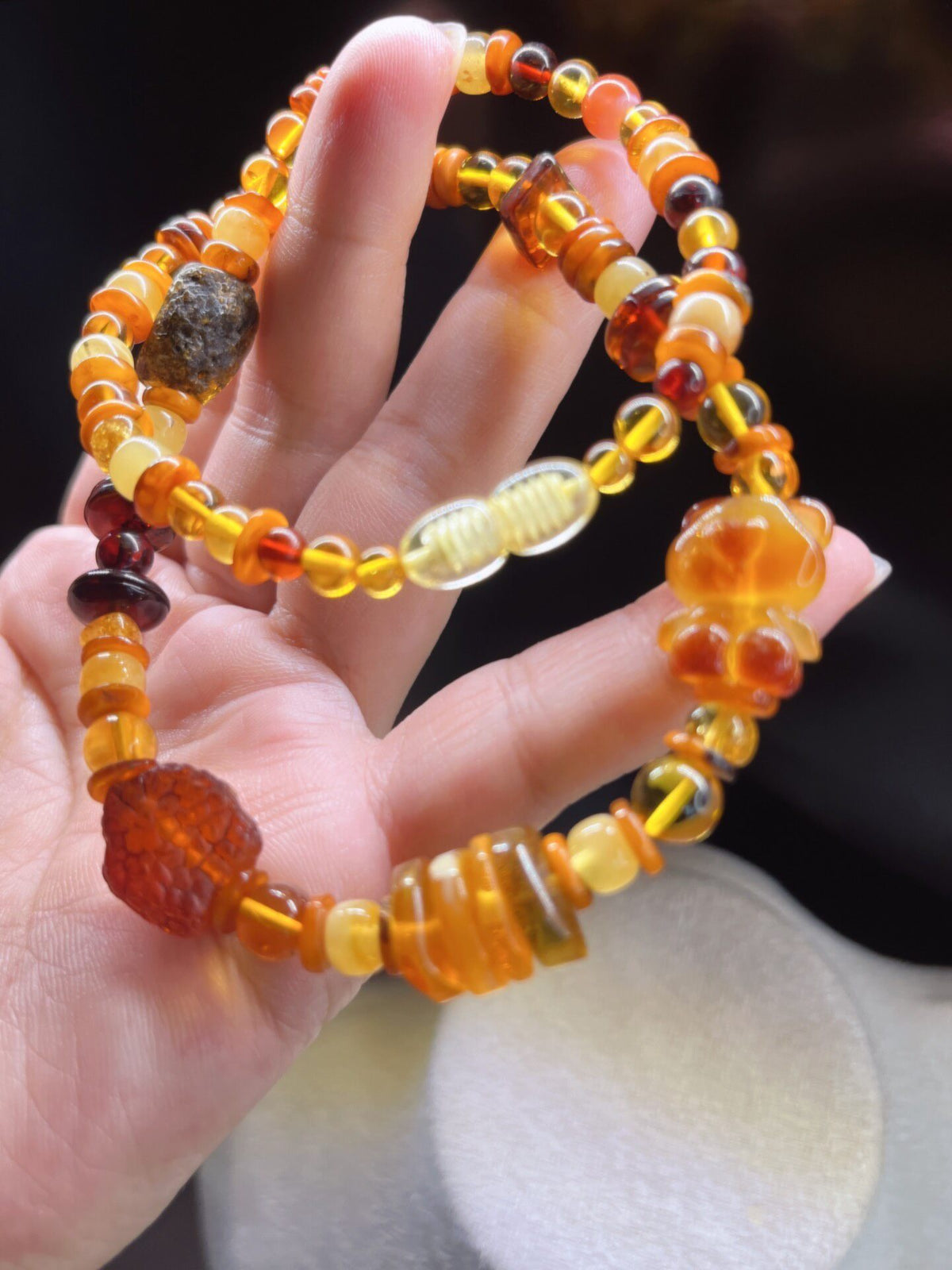 Natural Amber Beeswax Bear Charm Mixed Bead Necklace