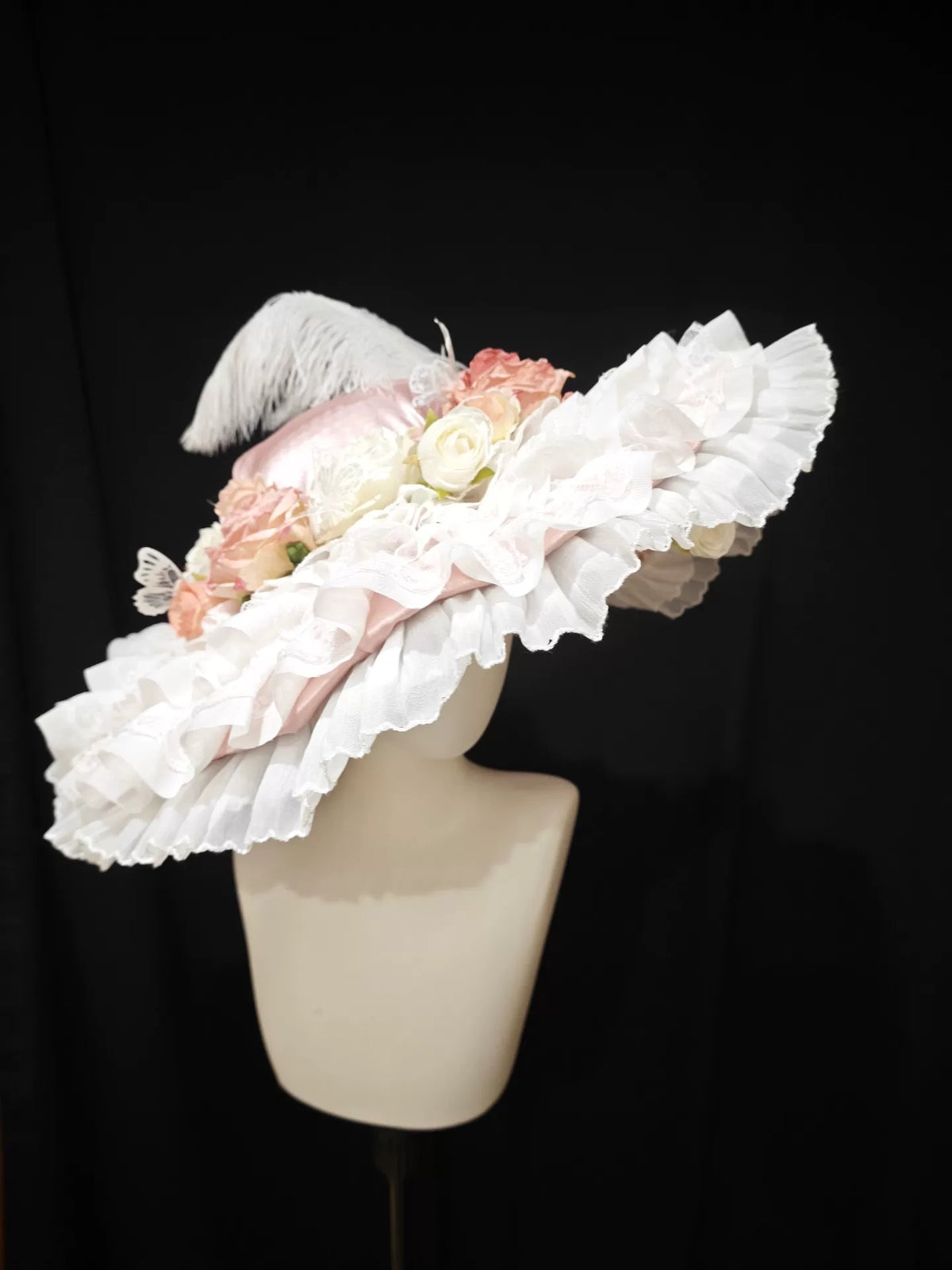 Pink Lace Flower Hat with Feather