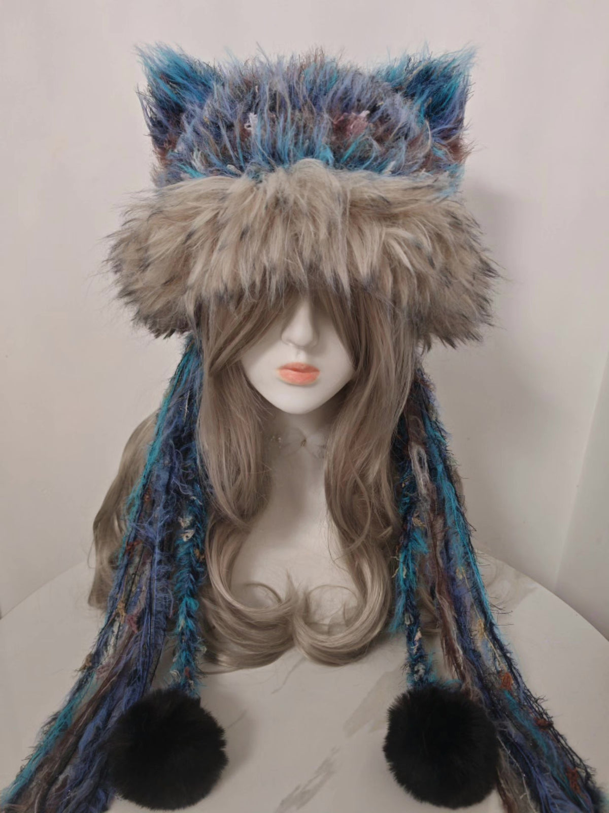 Peacock Blue Cat Ear Hat with Tassels