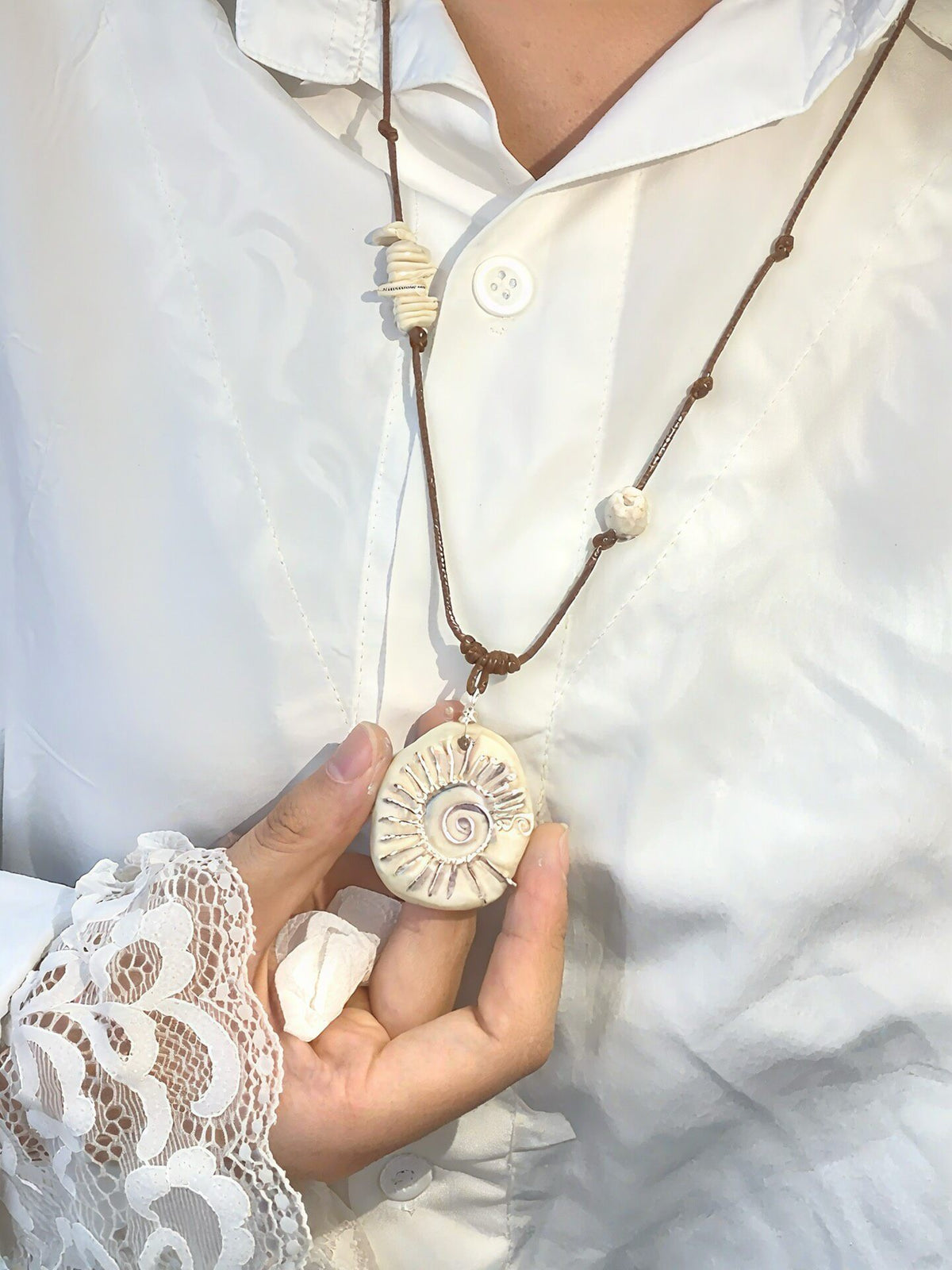 Ammonite Fossil Pendant Necklace Brown Leather Cord