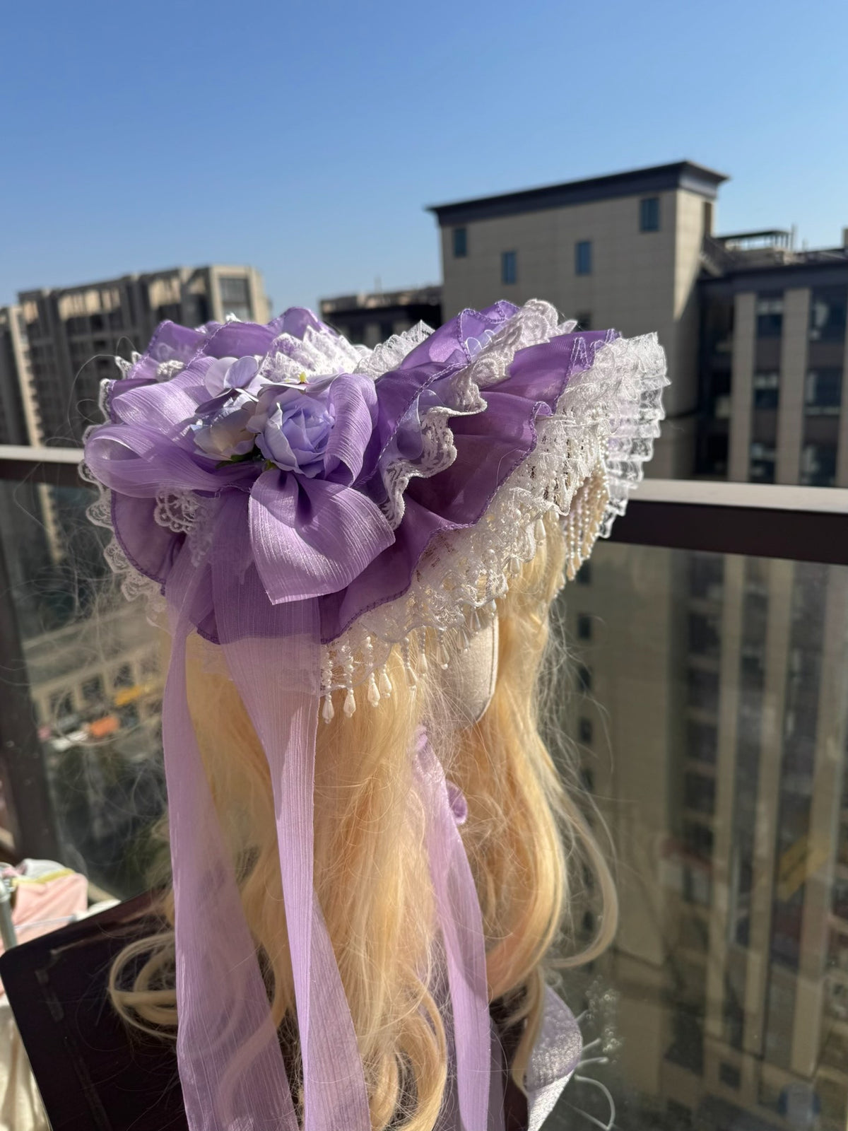 Handmade Lolita Bonnet Purple Lace Flowers