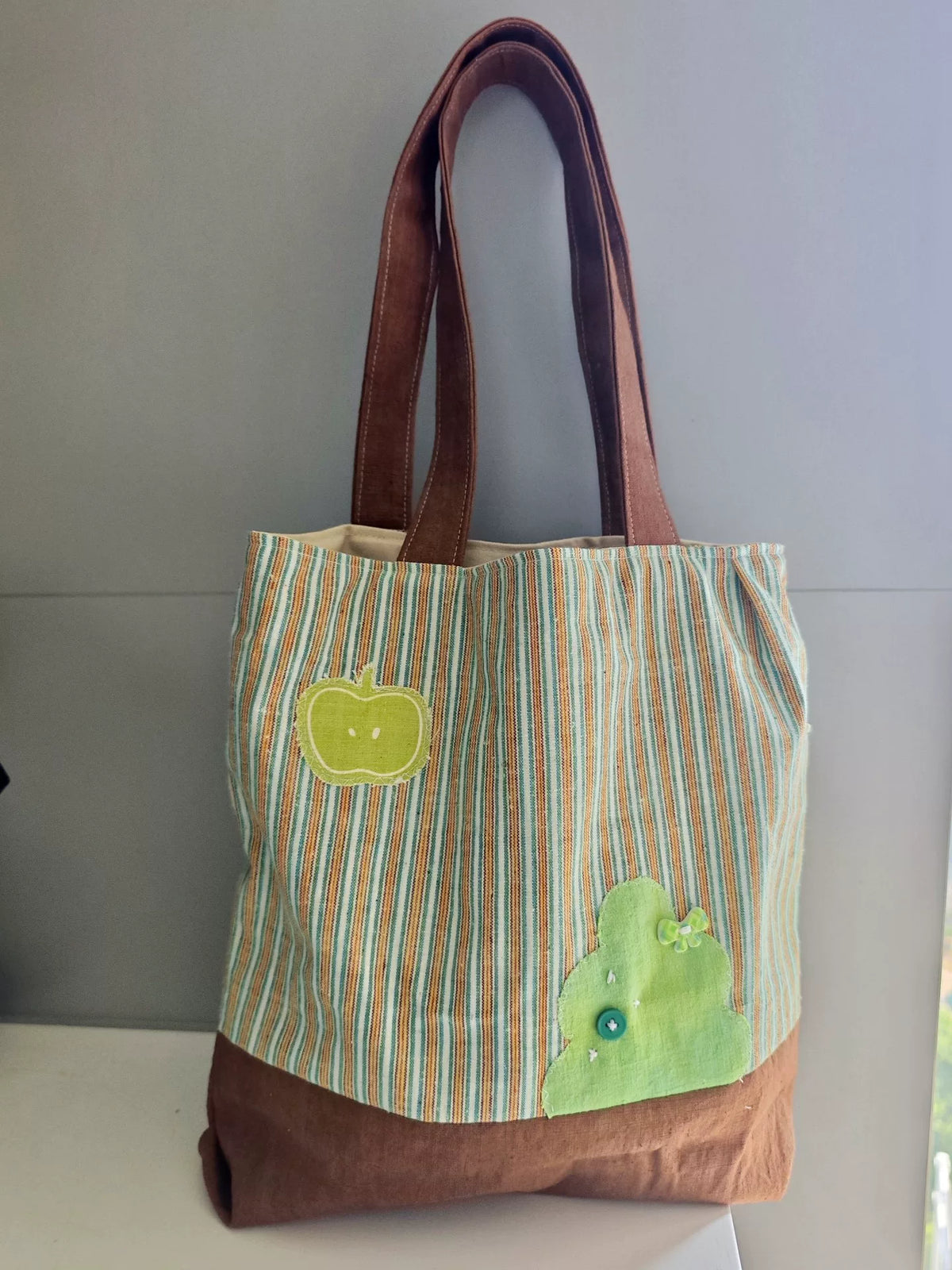 Handwoven Striped Tote Bag with Apple Applique