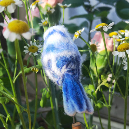 Needle-Felted Wool Miniature Bird Figurine with Blue and White Plumage