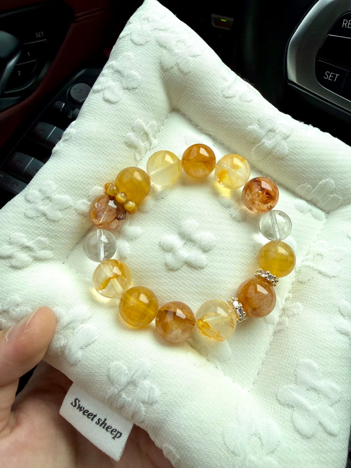 Bracelet perles en fluorite jaune et quartz 12 mm