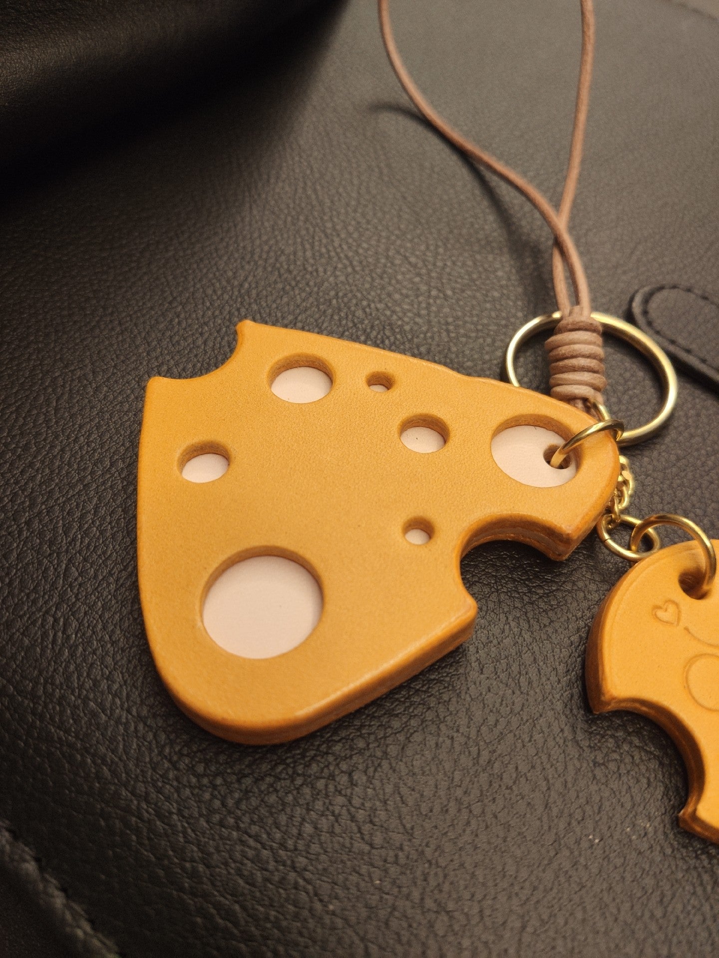 Handmade Leather Cheese and Mouse Bag Charm Keychain