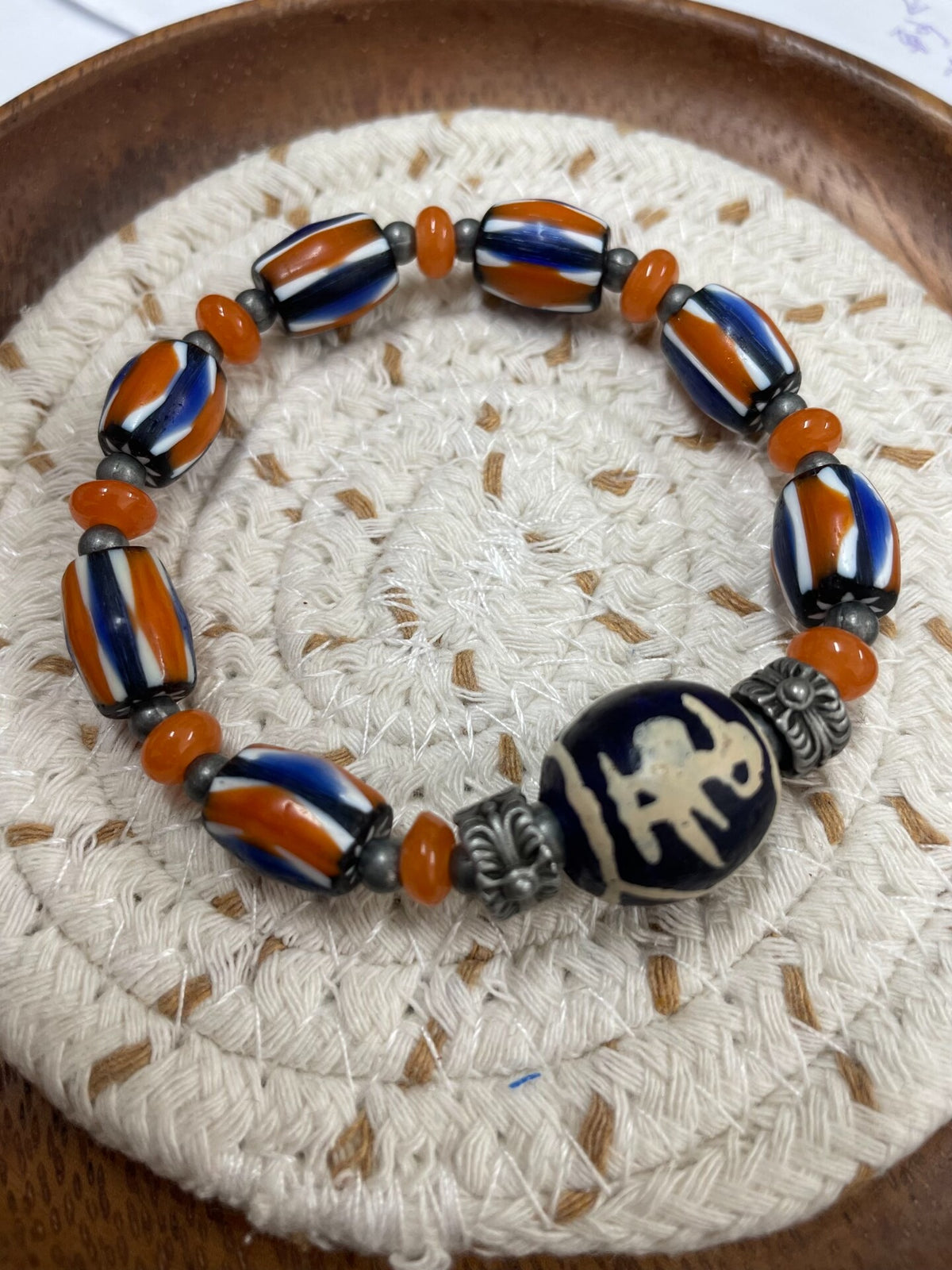 Navy Bird Bead Glass Bracelet