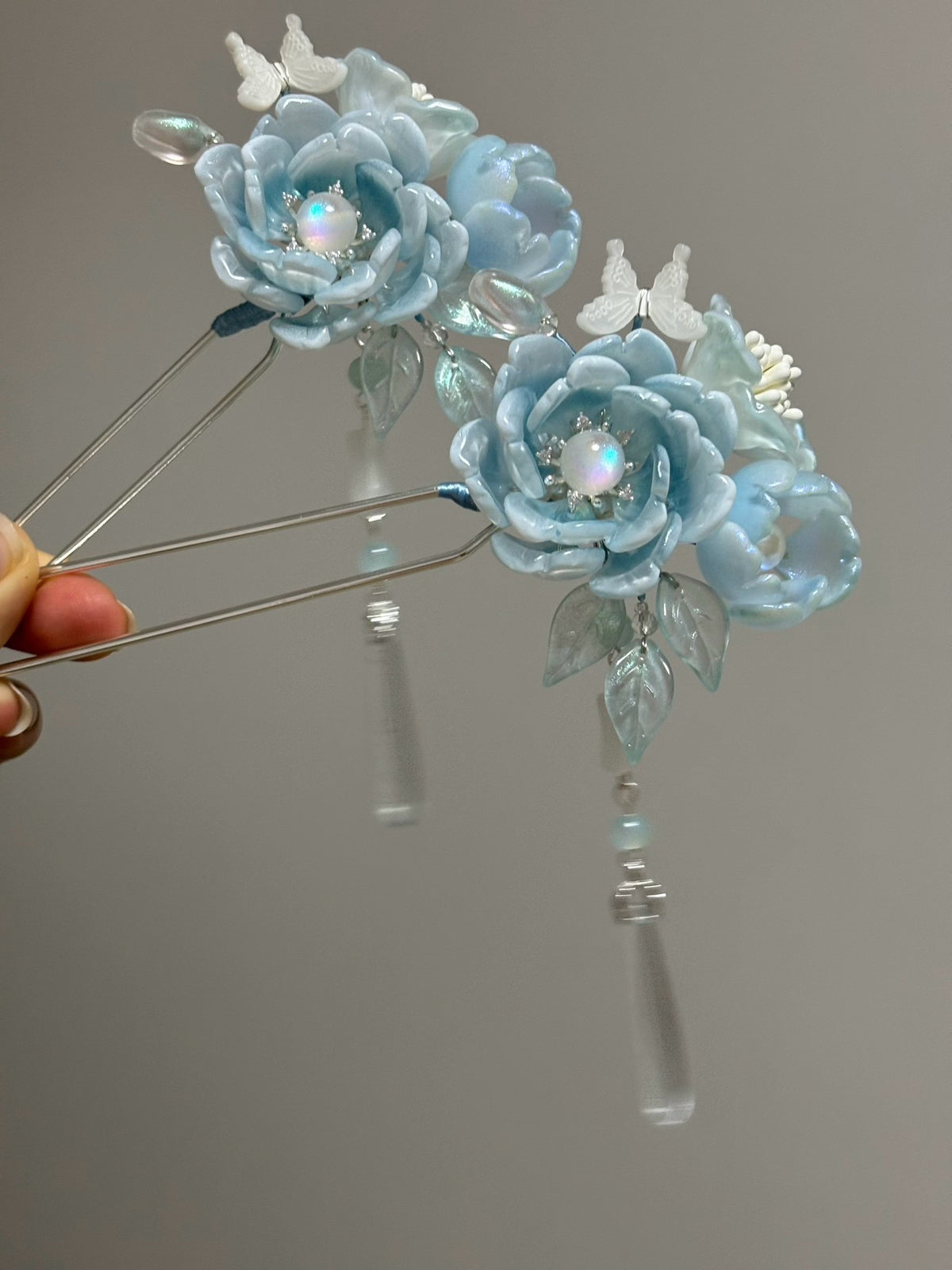 Glass Hairpin with Sky Blue Floral Design
