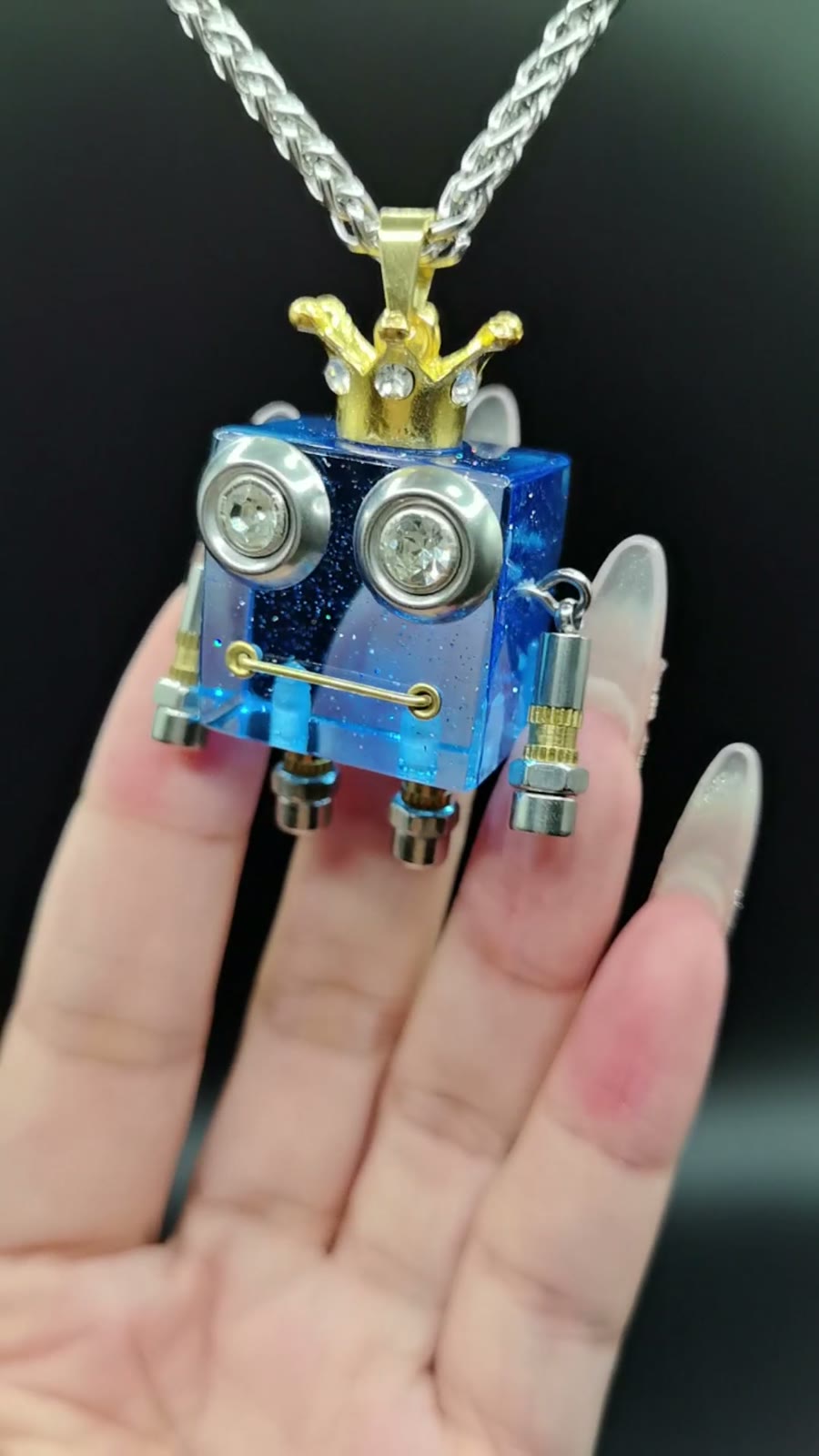 Blue Resin Robot Crown Pendant Necklace