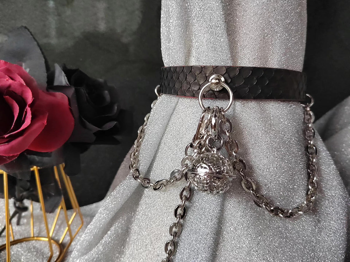 Black Snakeskin Leather Pet Collar Leash Set