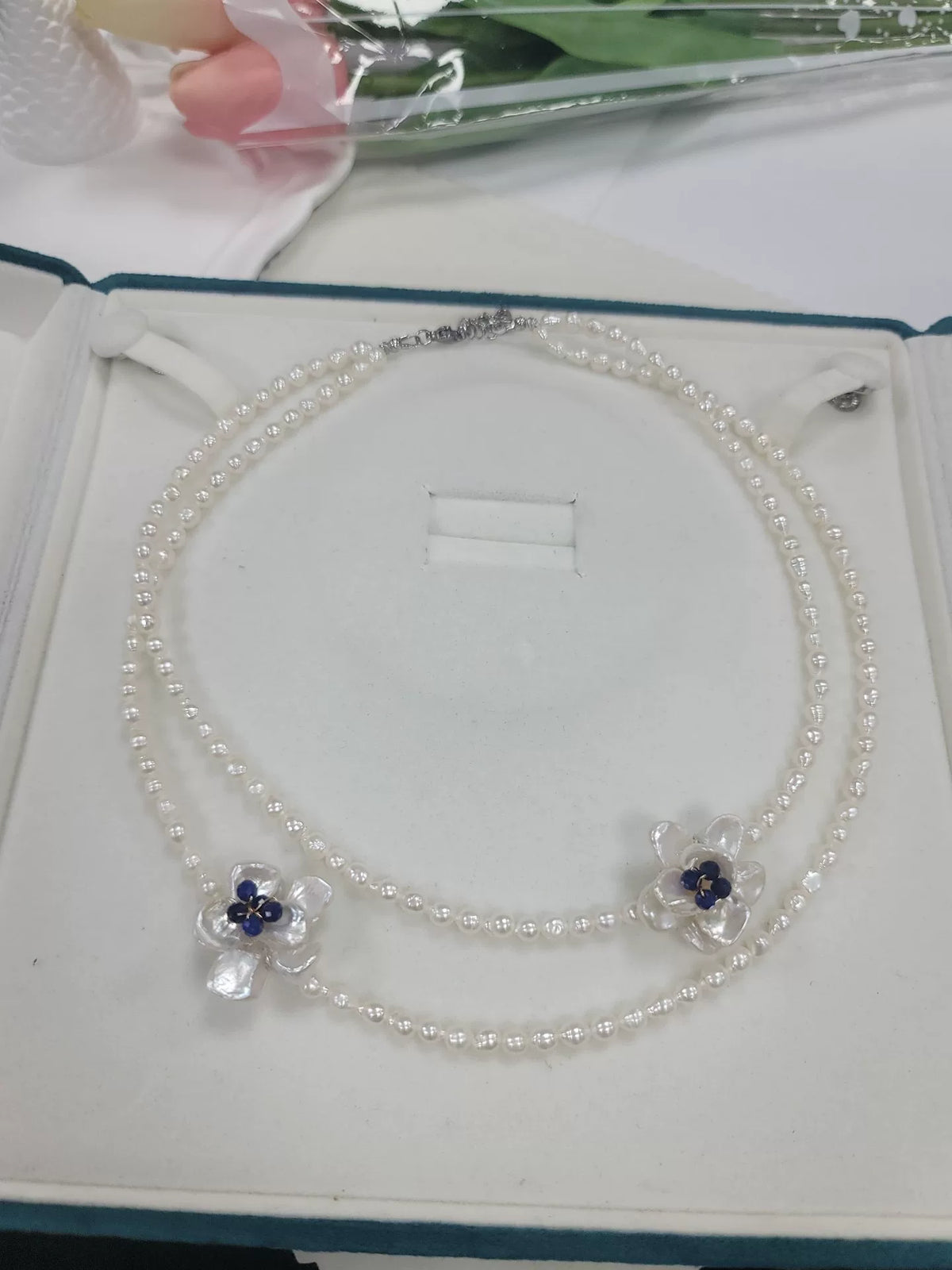 Double Layer Pearl Necklace with Lapis Lazuli