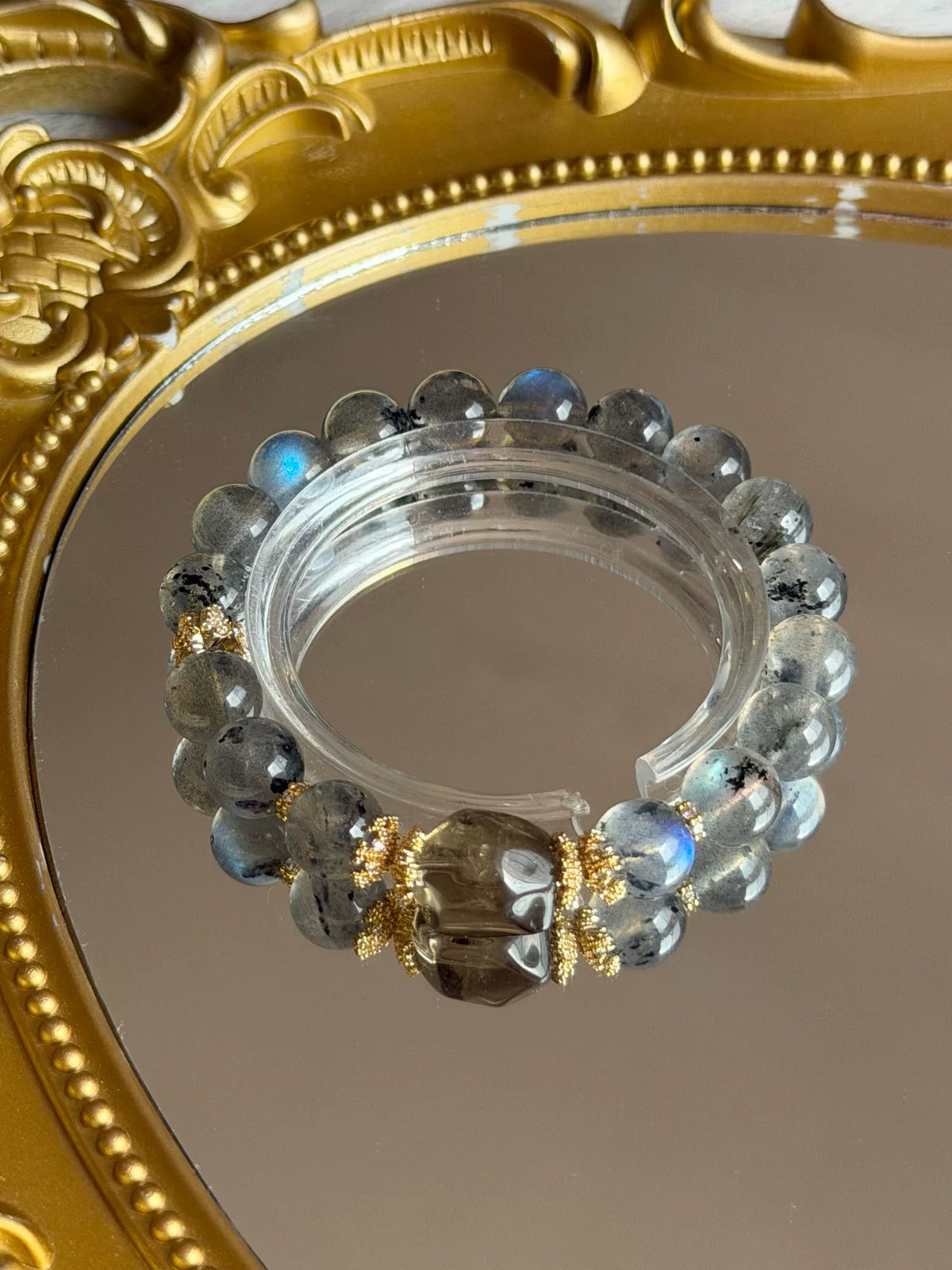 Gray Moonstone and Smoky Quartz Crystal Bracelet