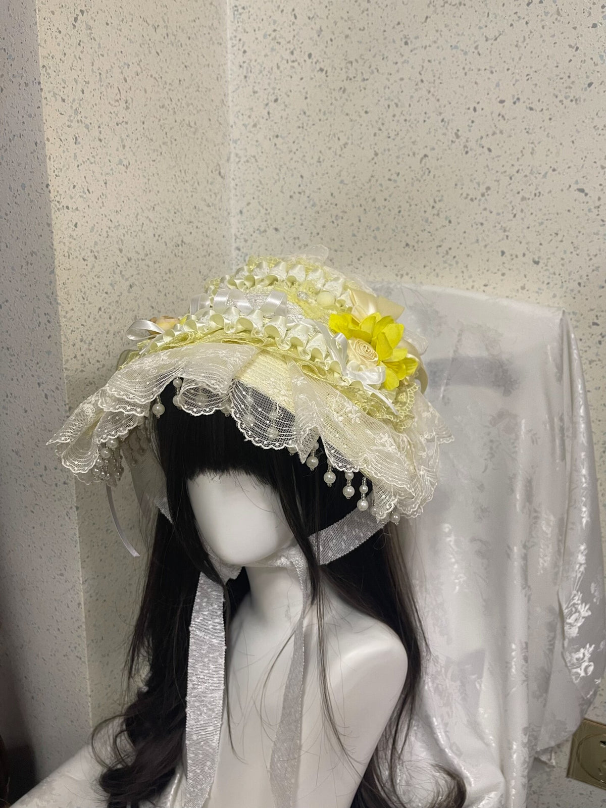 Lolita Bonnet Hat Yellow Lace Floral